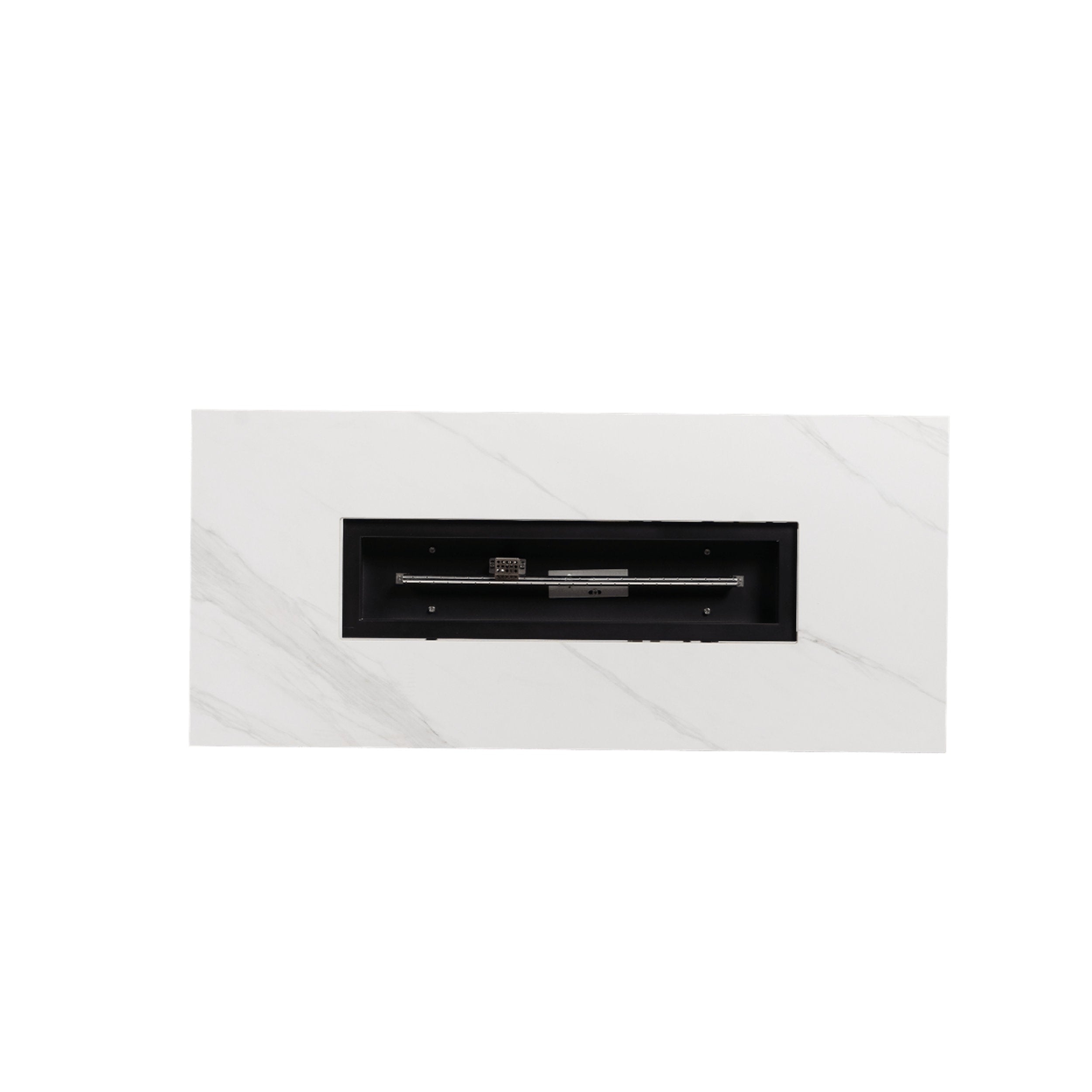 Ratana Newbury Fire Table 54 X 24 - White marble surround, brushed stainless steel fire insert, modern outdoor elegance style
