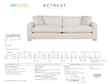 Load image into Gallery viewer, white sofa with dimensions and specifications on a white background, featuring the &#39;Retreat&#39; collection by Vangogh.
