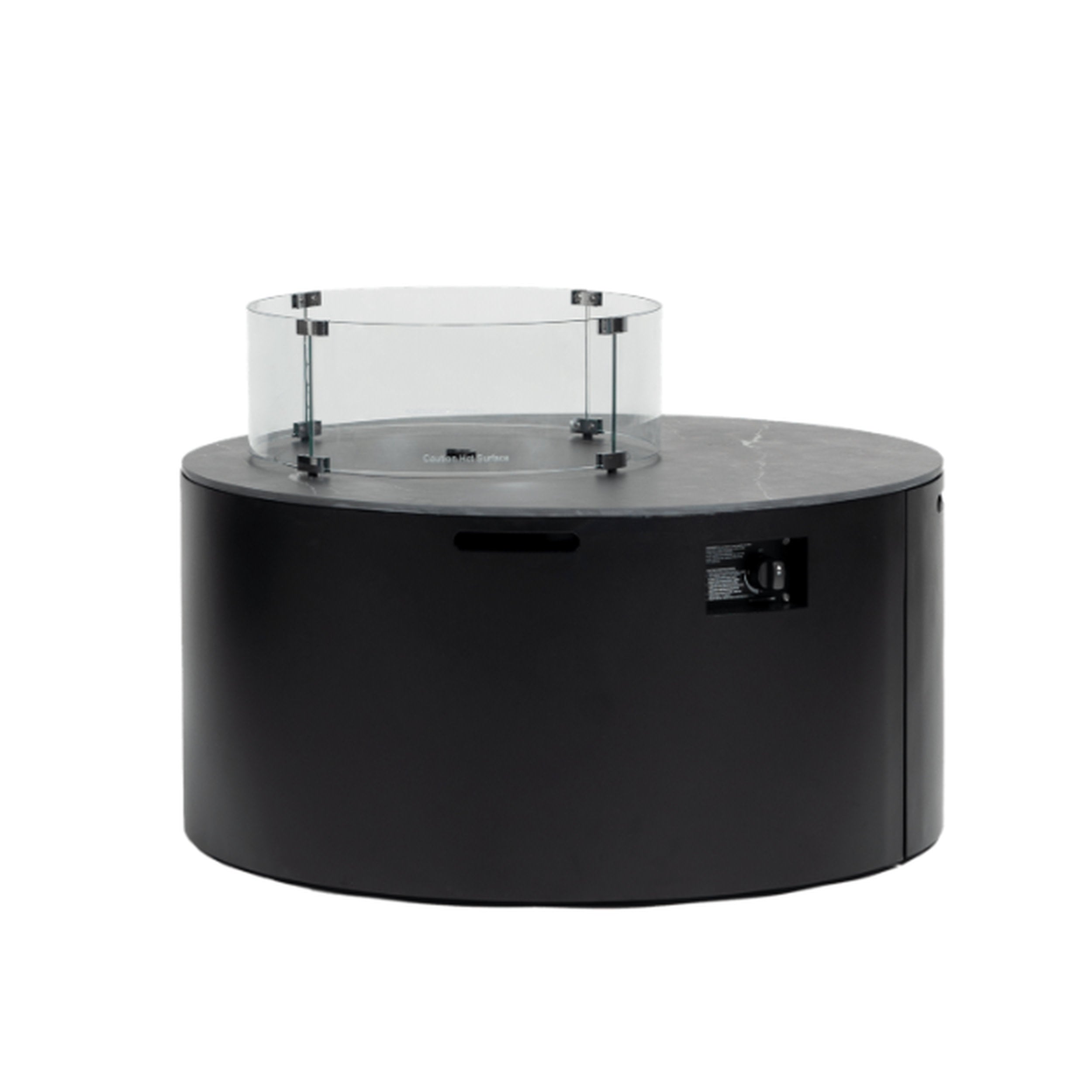 Ratana Newbury Fire Table 42 Round - Black with a matte black base and clear glass wind guard, round top, outdoor living.