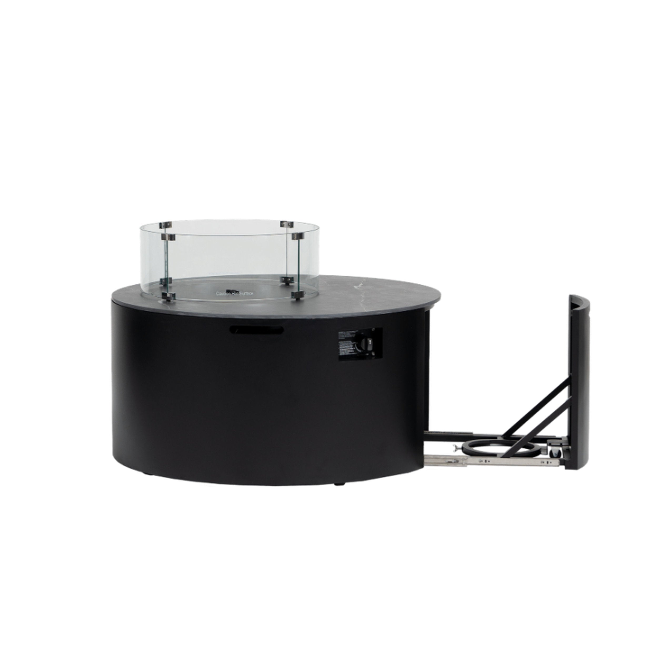 Ratana Newbury Fire Table 42 Round - Black with matte black base, clear glass hurricane, steel accents, outdoor fire pit