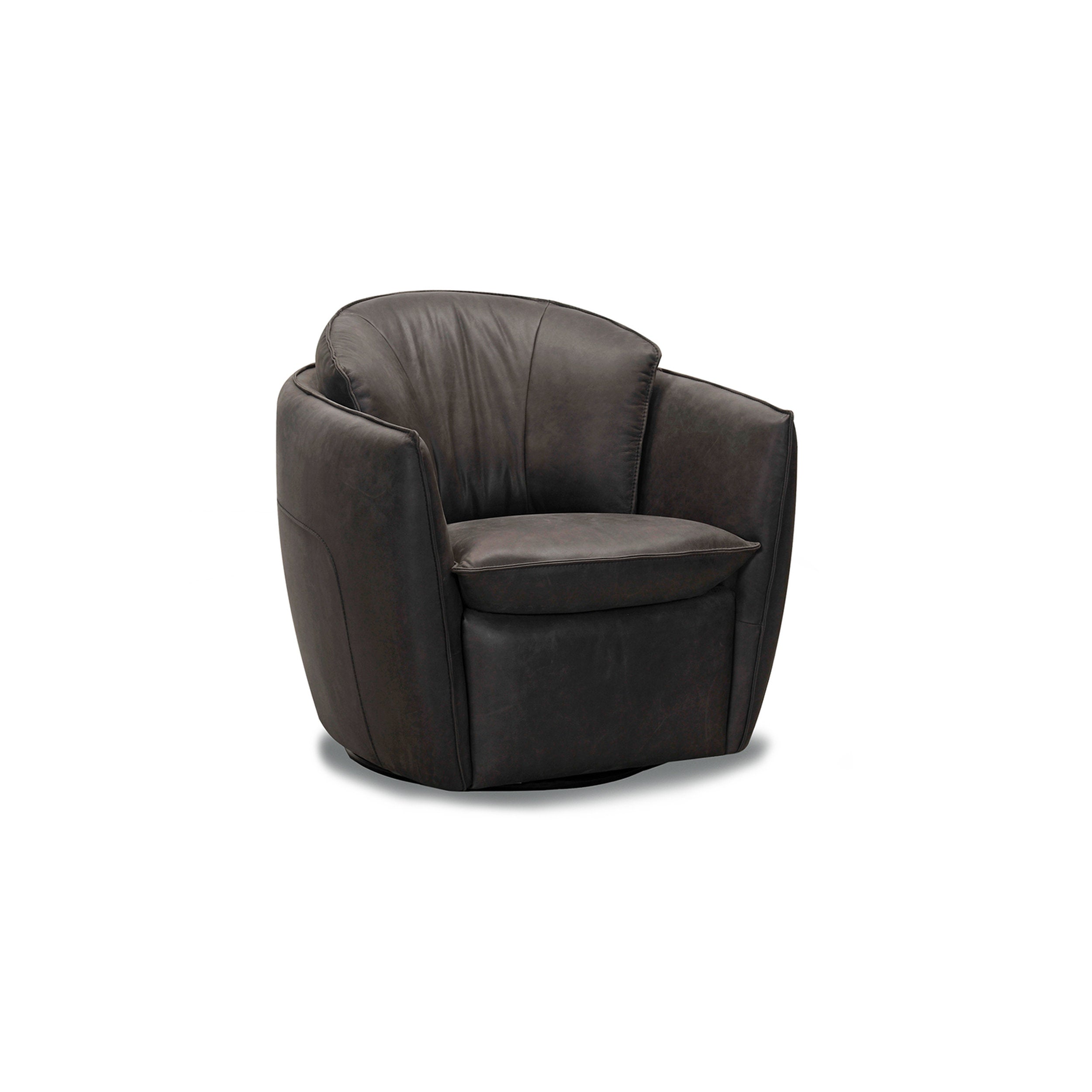 Stylus Sola Swivel Chair in dark brown leather, smooth grain, plush cushions, stitching, rounded silhouette, base with steel