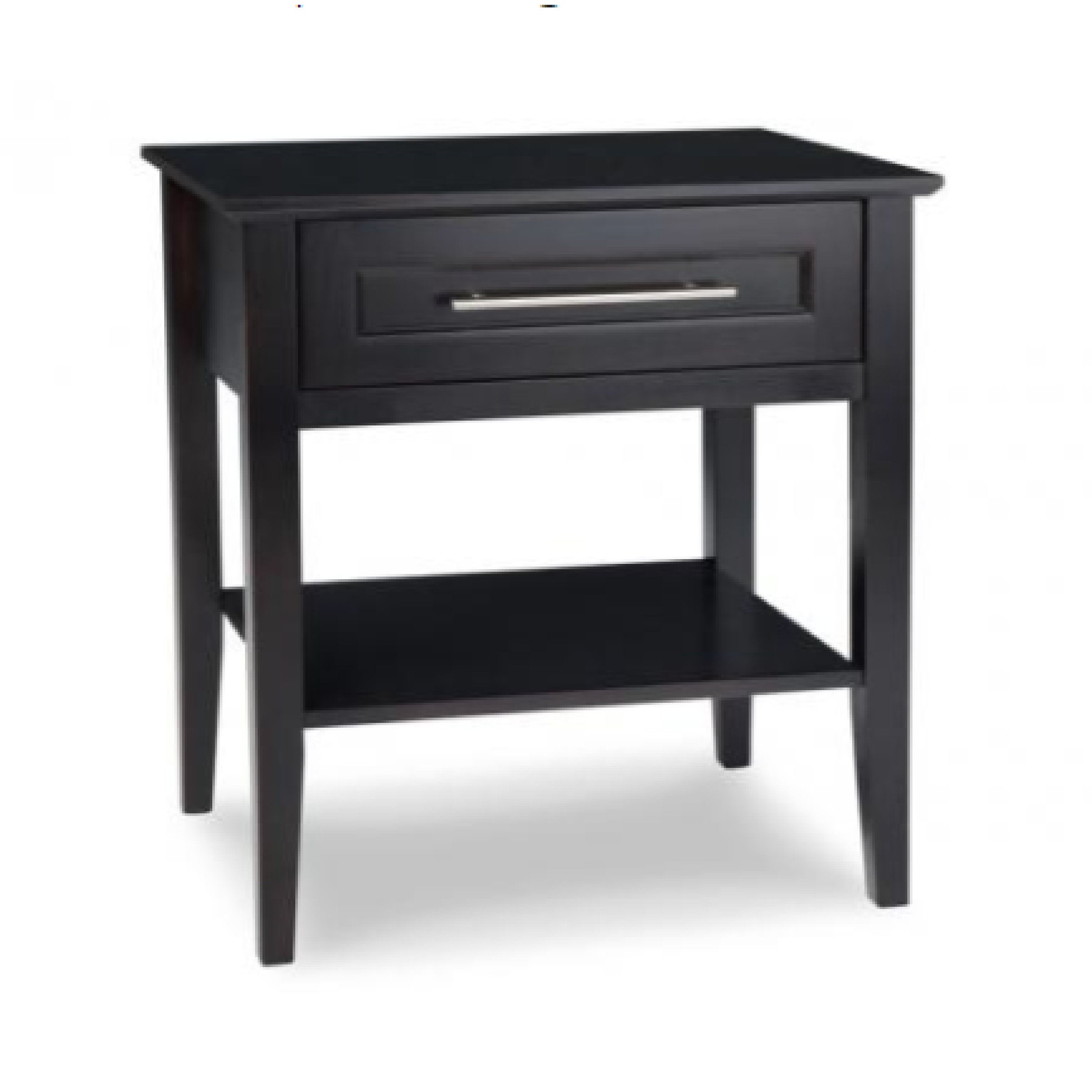 Black side table with a drawer on a white background