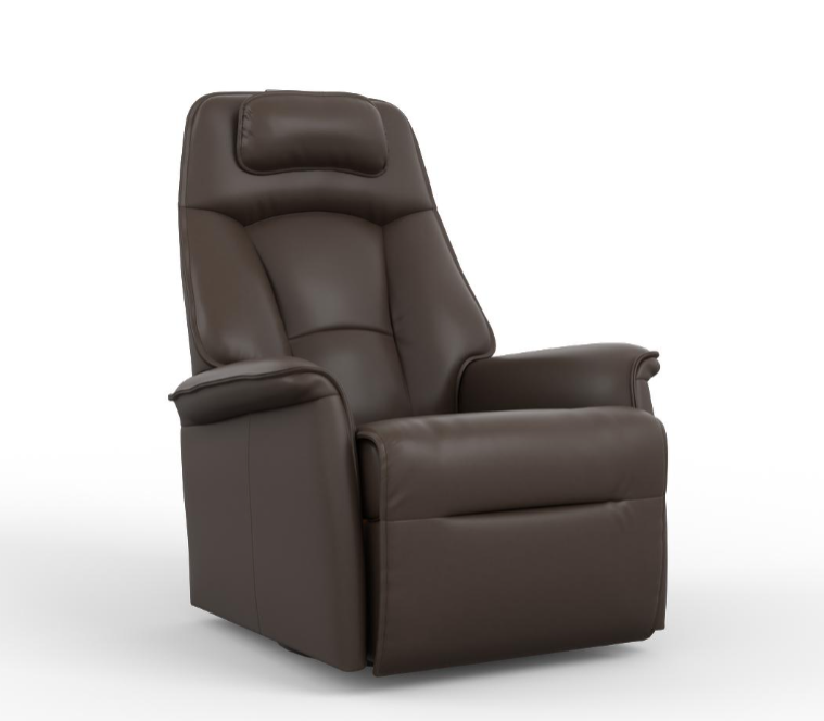 A brown leather Stockholm recliner with an adjustable head pillow and manual release headrest angle.