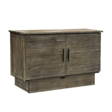 Load image into Gallery viewer, A closed Stockholm Queen Cabinet Bed made of brushed grey acacia wood with a rustic look, featuring two doors and a dual sub charging station.
