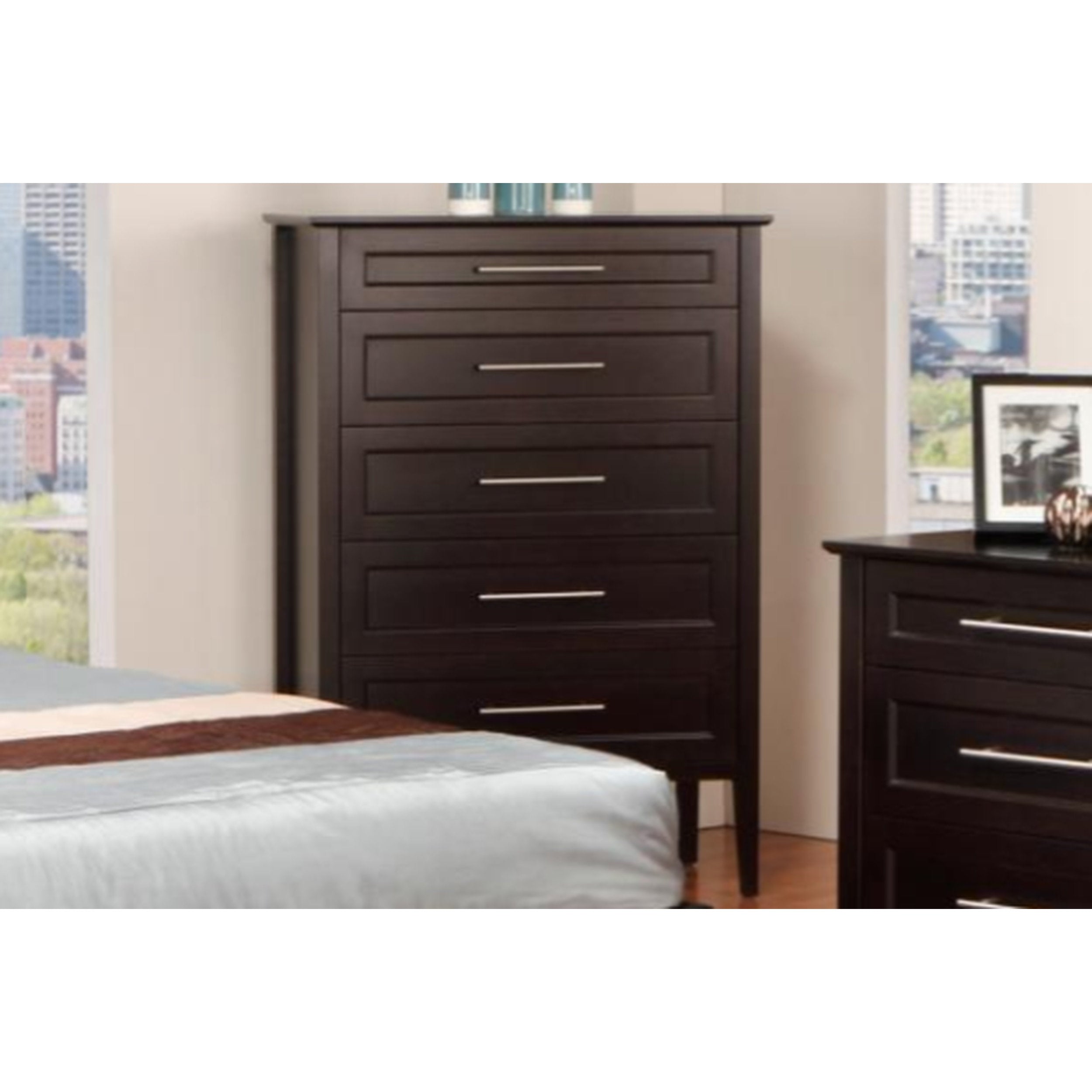 Dark wood dresser with multiple drawers in a bedroom setting.