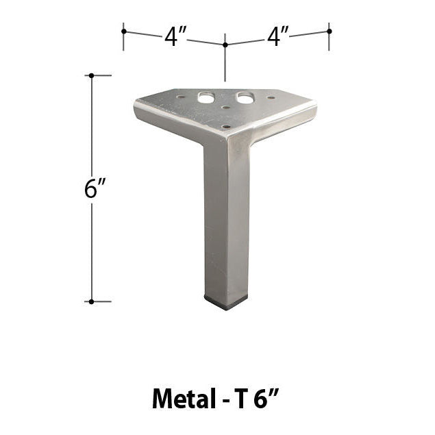 T 6" Chrome" metal leg by Van Gogh Designs; silver chrome finish, 6" tall, square 4x4" top plate with holes incl holes too.