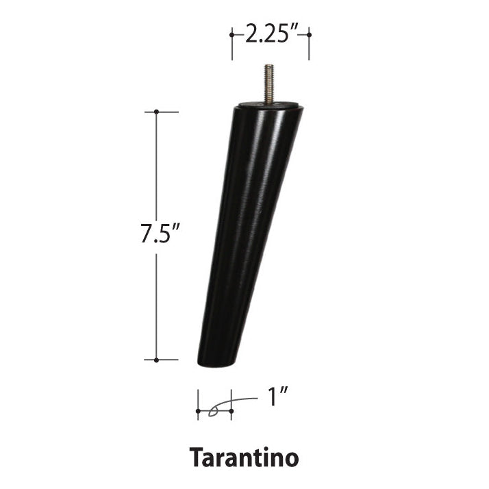 Tarantino black wooden leg with 2.25" screw top, 7.5" tall, smooth matte finish, metal thread, Van Gogh Designs branding.