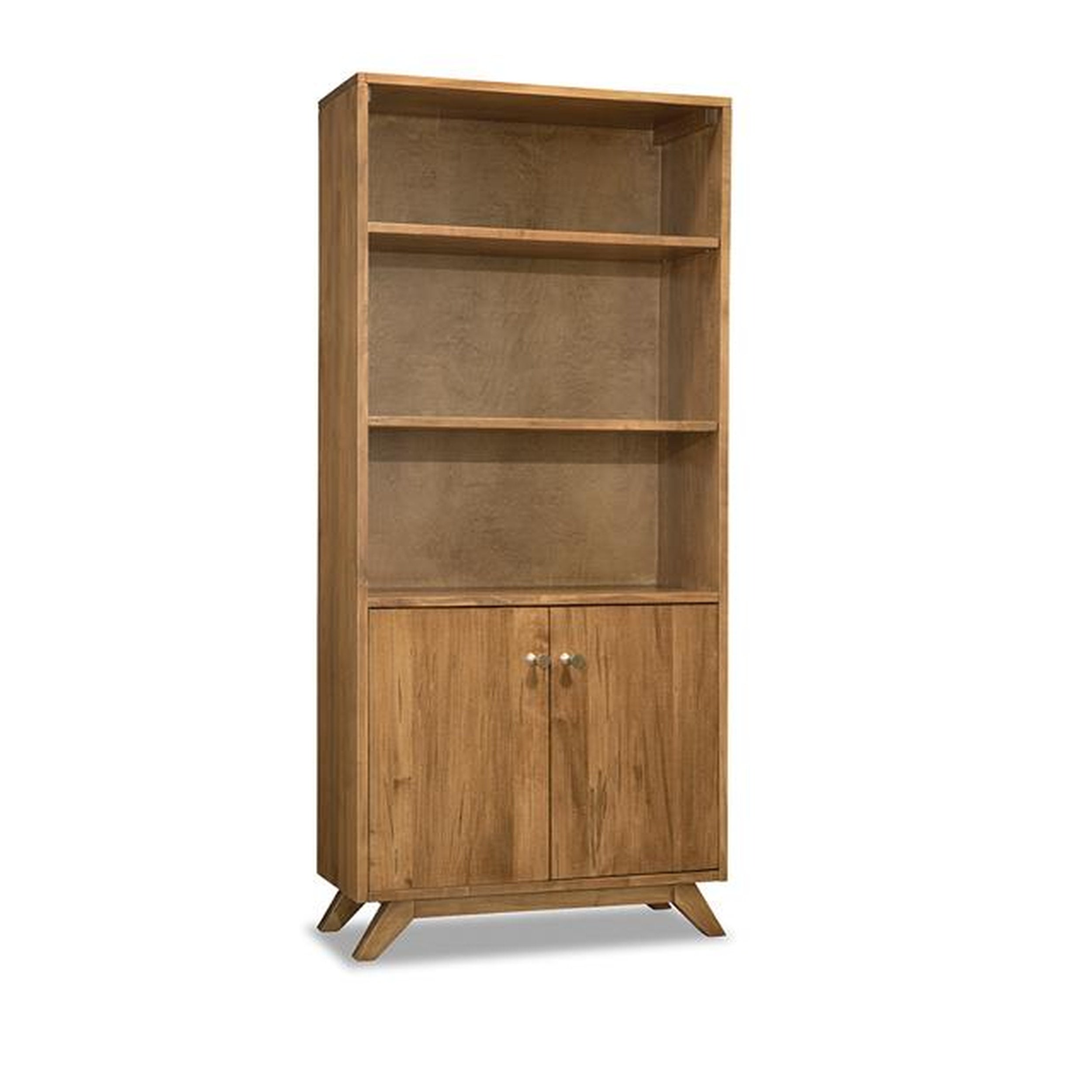 Wooden bookshelf with two doors on a white background