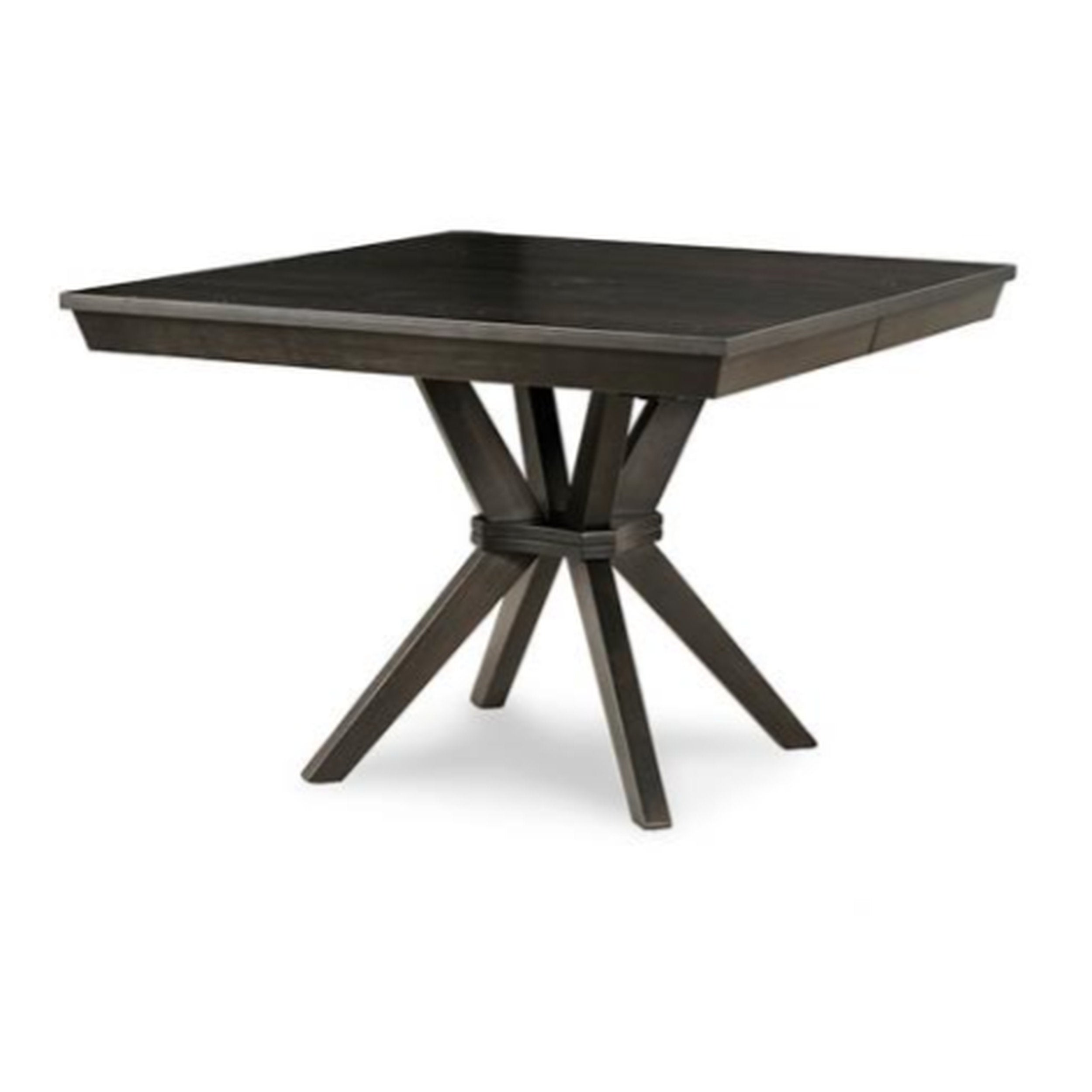 Dark wooden dining table with star-shaped base on a white background