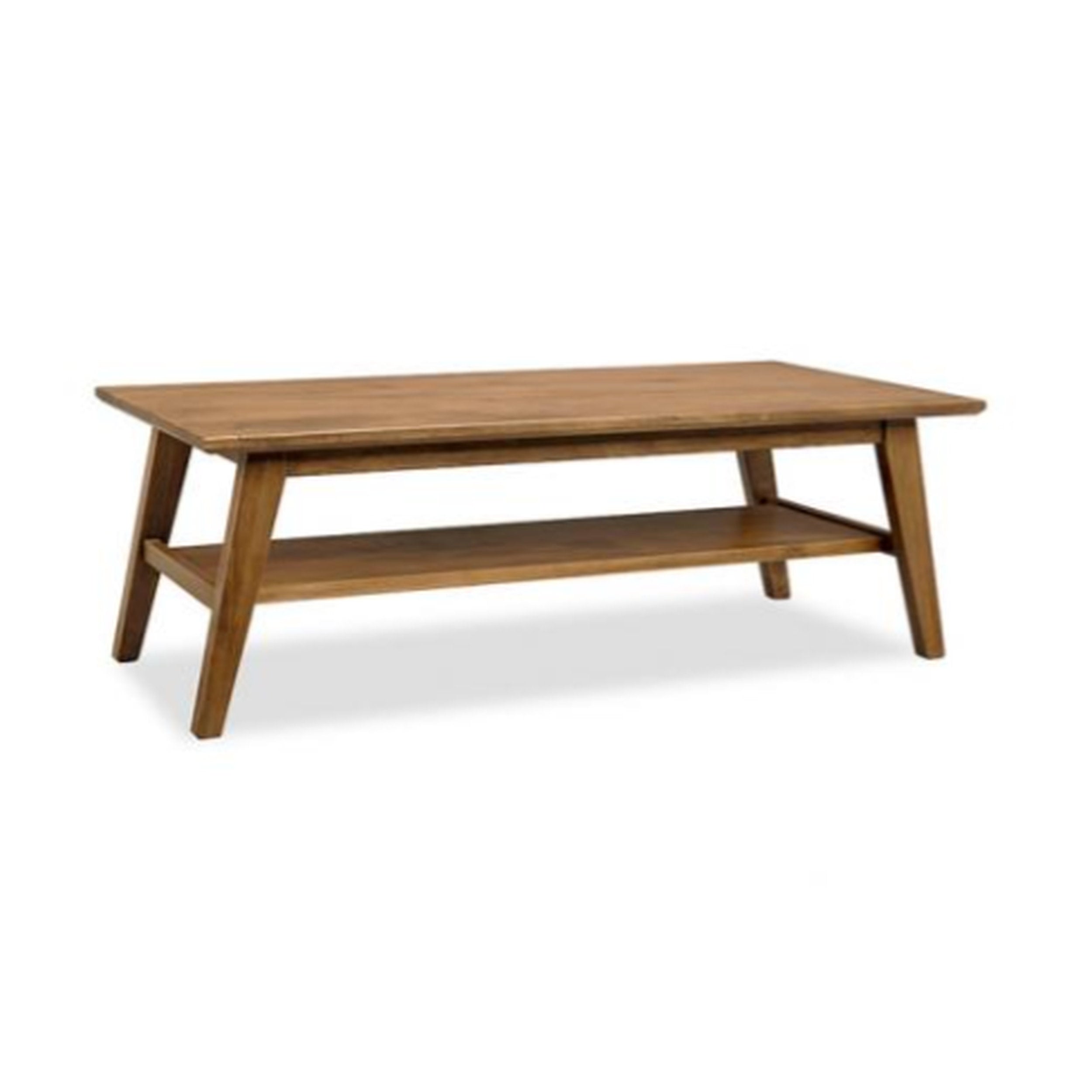 Wooden coffee table with a shelf on a white background