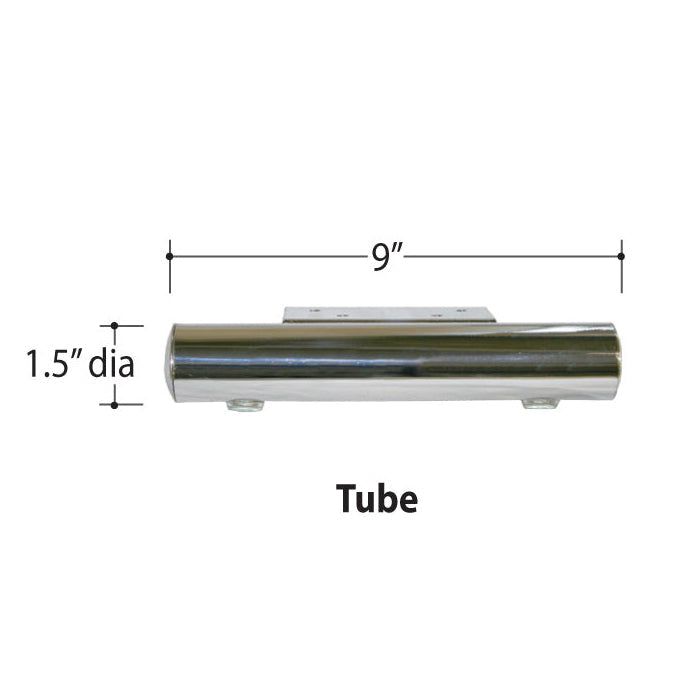 Tube by Van Gogh Designs: polished stainless steel cylinder, chrome finish, 9" long, 1.5" diameter, mounting tabs visible.