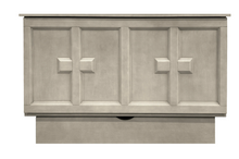 Load image into Gallery viewer, front view of a cabinet bed with a cross pattern on the front doors. storage department underneath it
