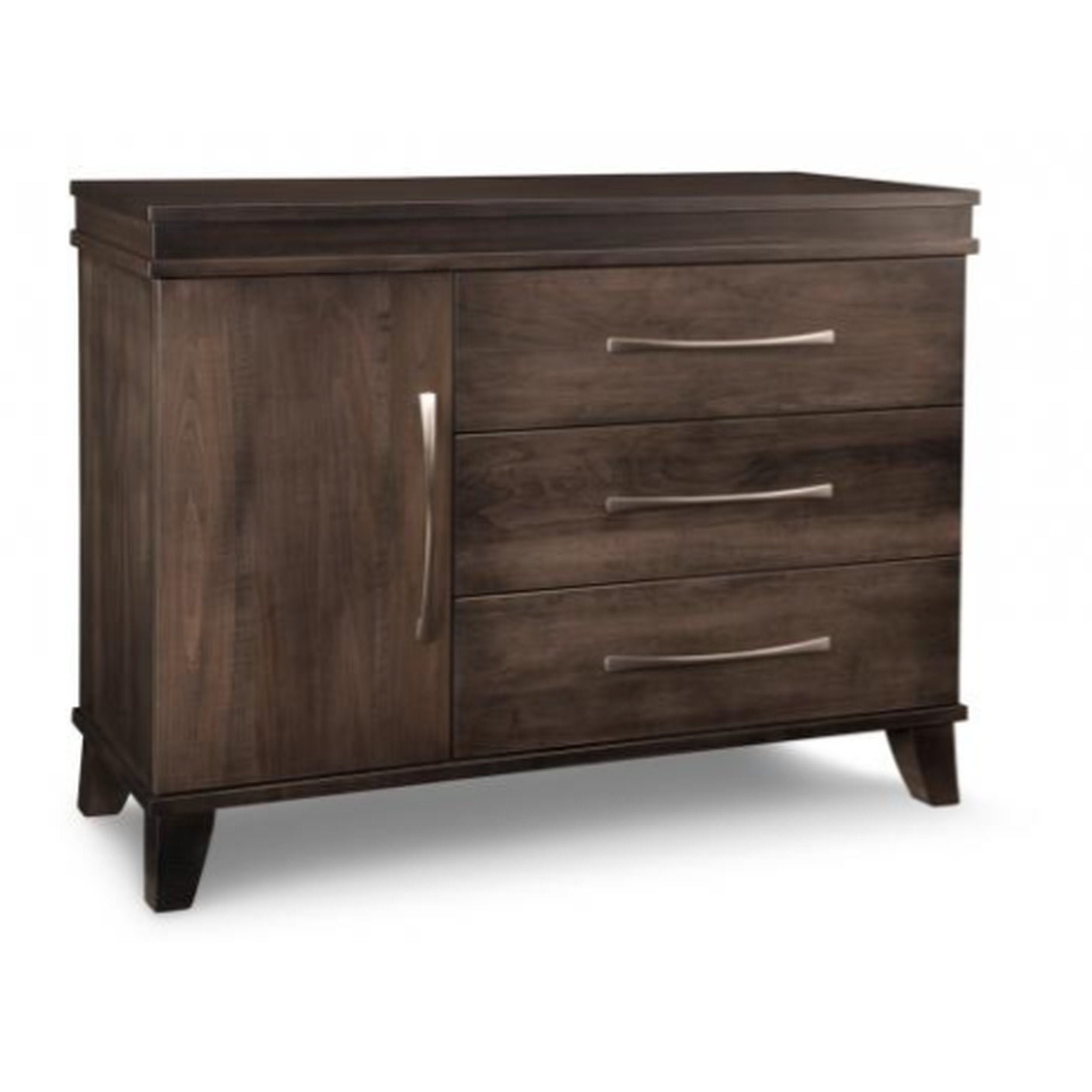 Wooden dresser with a dark finish and metal handles on a white background
