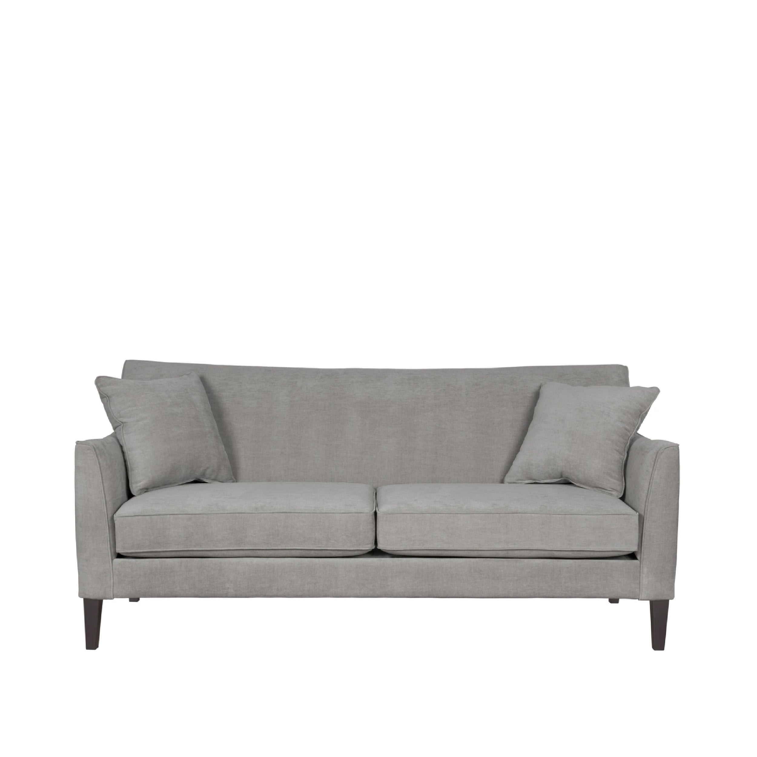 A gray upholstered loveseat with a cushioned backrest and seat, featuring a wooden frame.