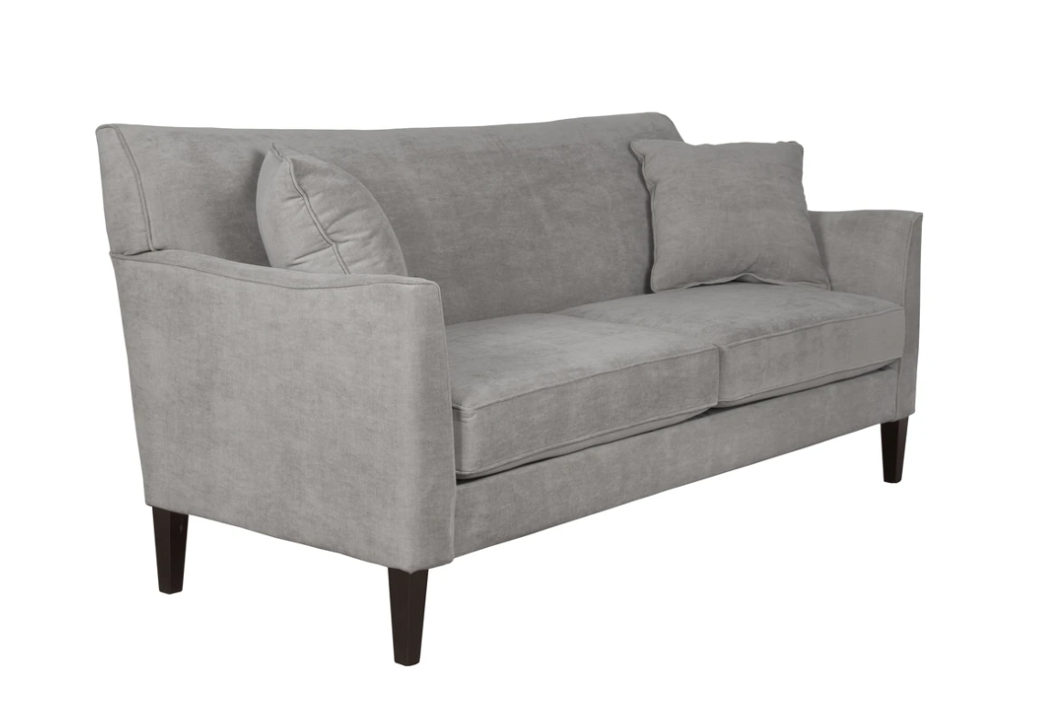 side view of vienna sofa showing skinny arms and espresso color legs