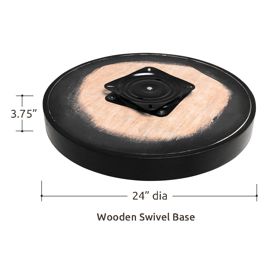 Wooden Swivel Base by Van Gogh Designs in black with distressed wood centerpiece, 24" dia, 3.75" height, sturdy mounting