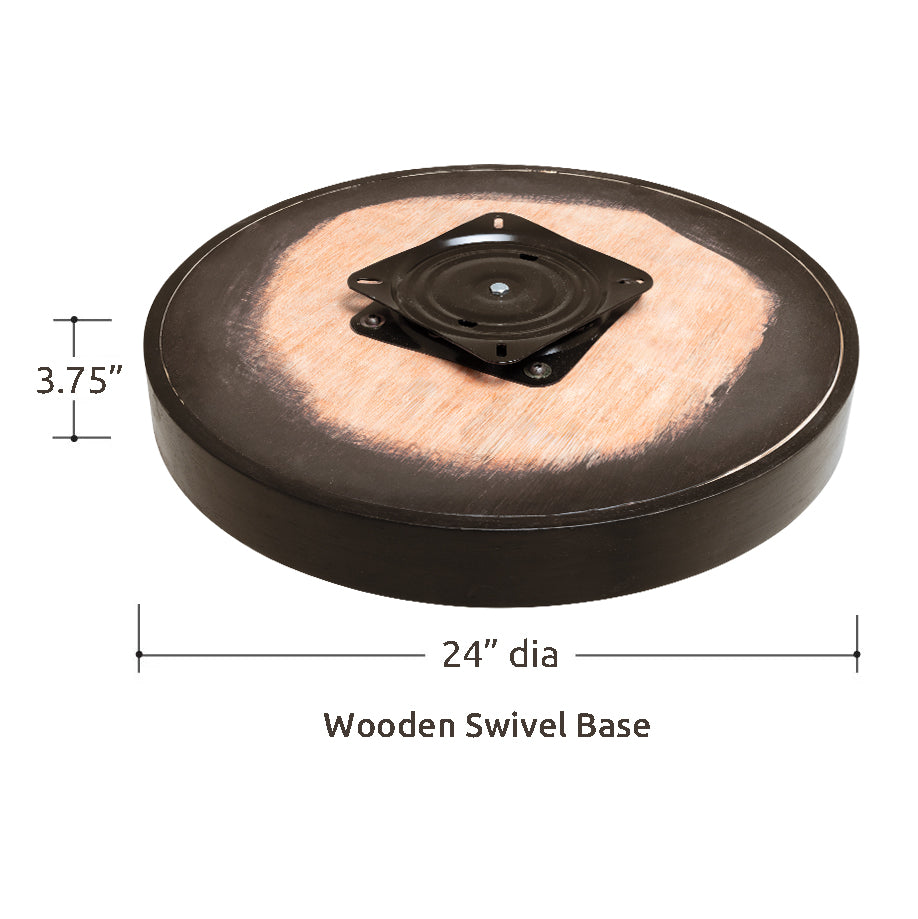Wooden Swivel Base by Van Gogh Designs in dark brown wood with natural grain, 24" diameter, 3.75" height, swivel mount. Base.
