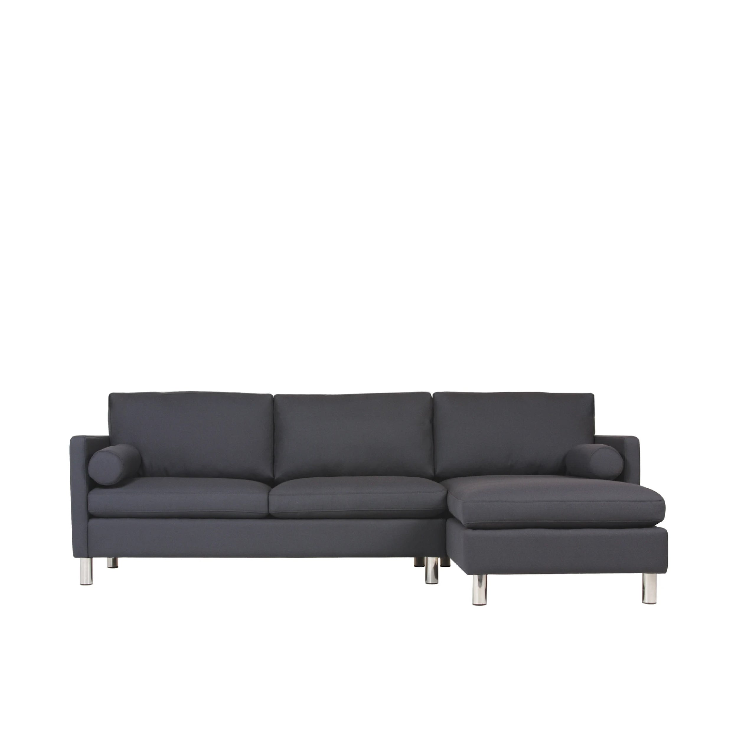 A gray sectional sofa with a modern design, featuring a chaise, placed against a white background.