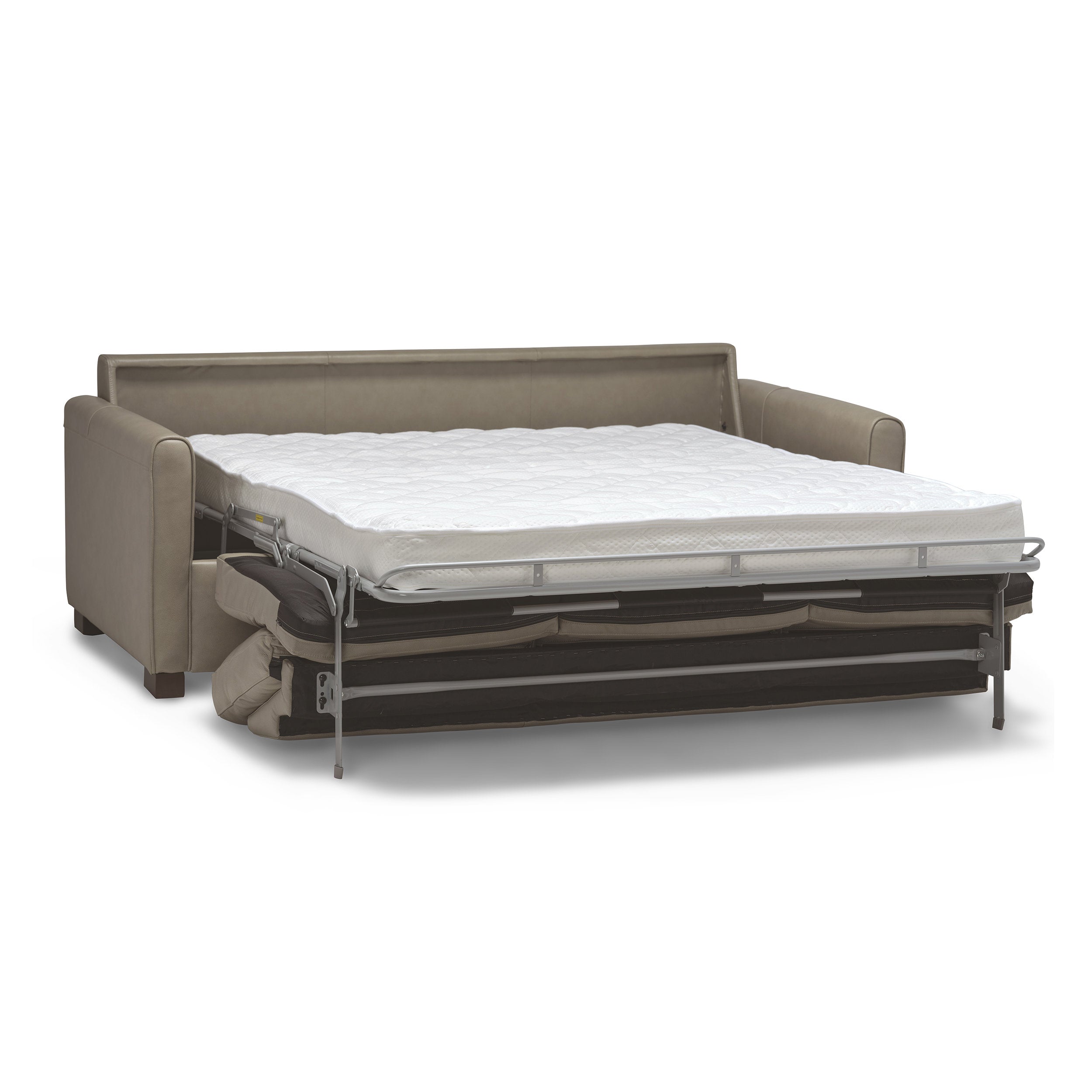Stylus Weekend Queen Sofa Bed in taupe leather upholstery, white quilted mattress, metal frame and pull-out sleeper style