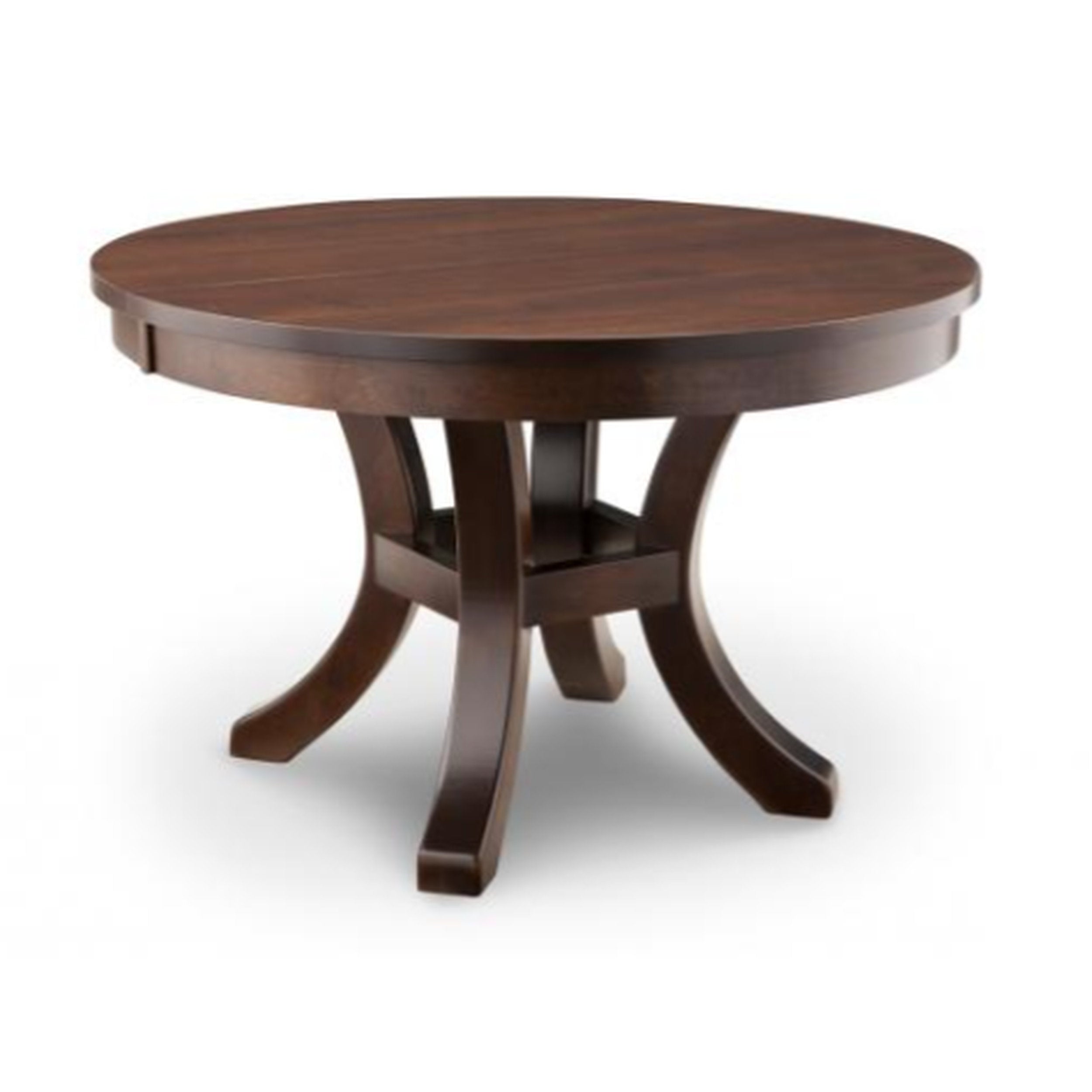 Round wooden table with a dark finish on a white background