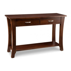Wooden console table with two drawers on a white background