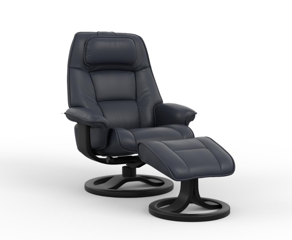 A blue leather Admiral recliner chair with a swivel base and adjustable headrest.