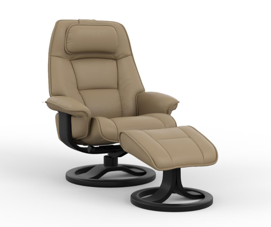 A latte leather Admiral recliner chair with a swivel base and adjustable headrest.