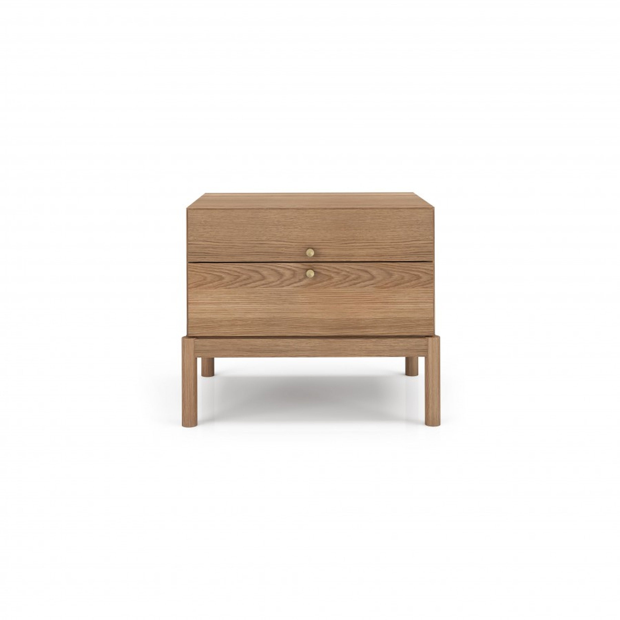 Lawrence King In Store Set by Huppe: natural oak veneer nightstand with two drawers, brass knobs, slim tapered legs finish.