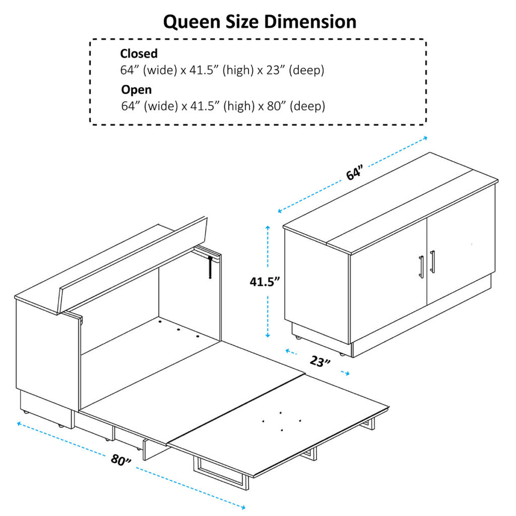 cabinet bed dimension showing 64" wide  41.5 inches high and 23" deep