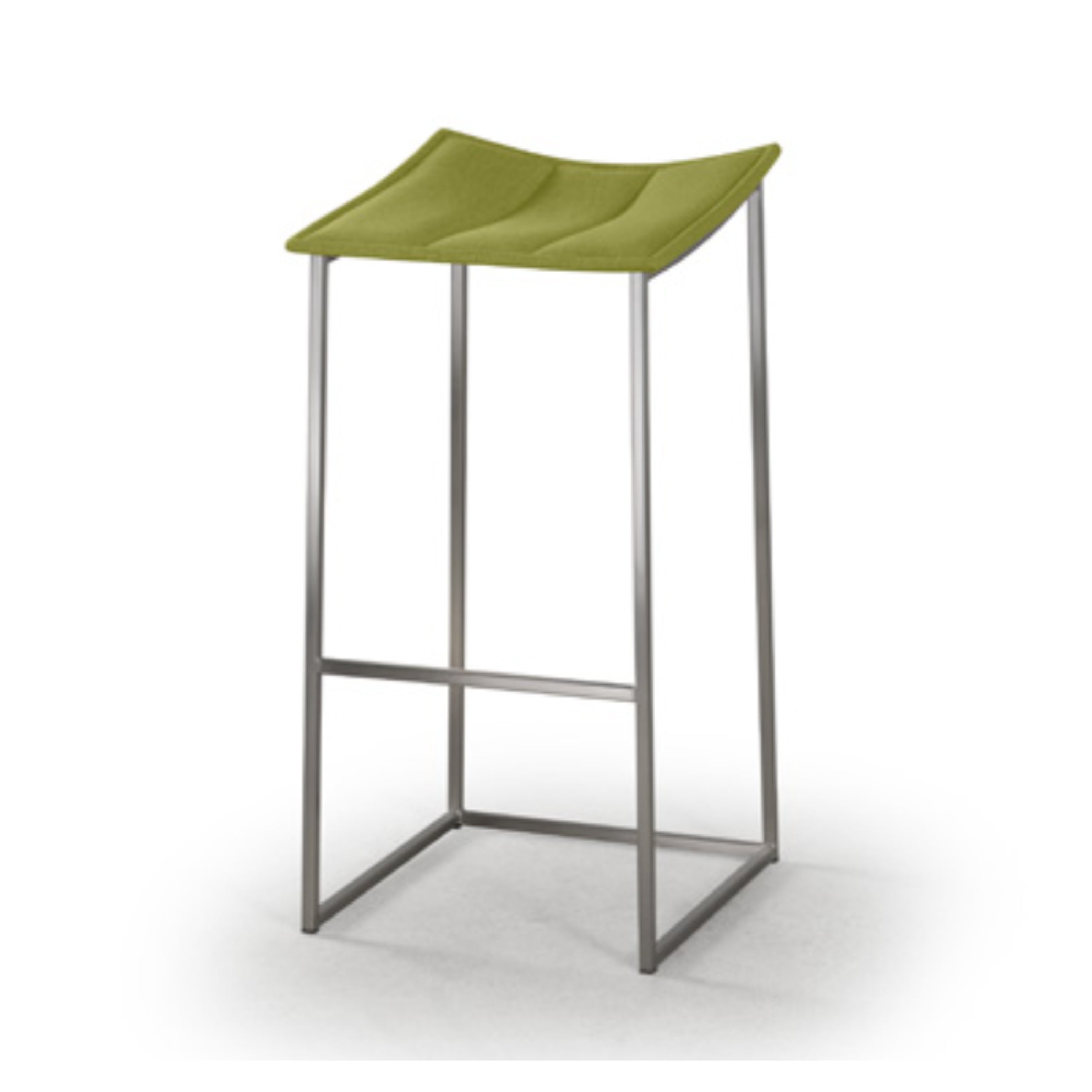 A green upholstered bar stool with a fully welded metal frame in a brushed steel finish.