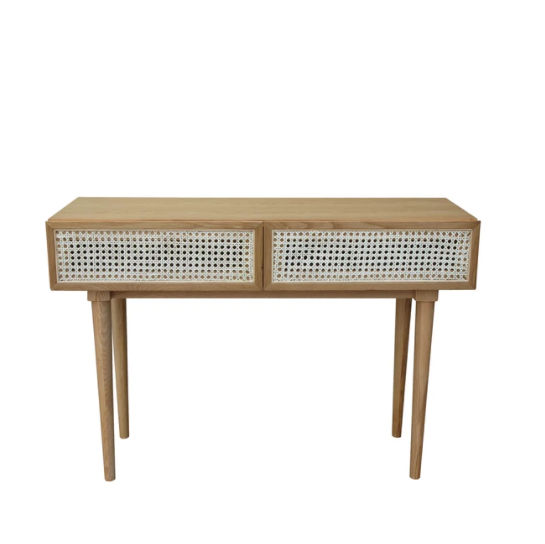 A rectangular sofa table with natural brown wood finish and woven rattan detailing.