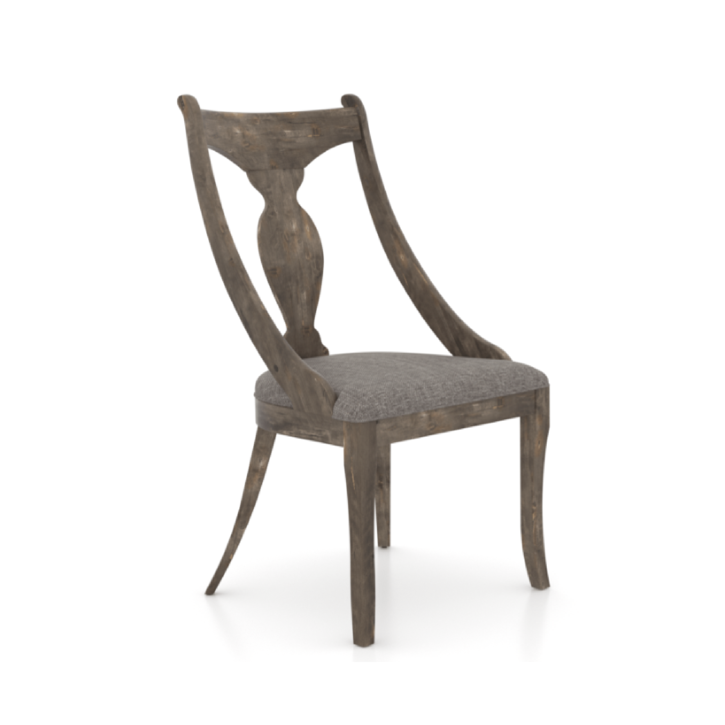 A distressed finish dining chair with a gray fabric seat and backrest, featuring wooden legs with a curved design.