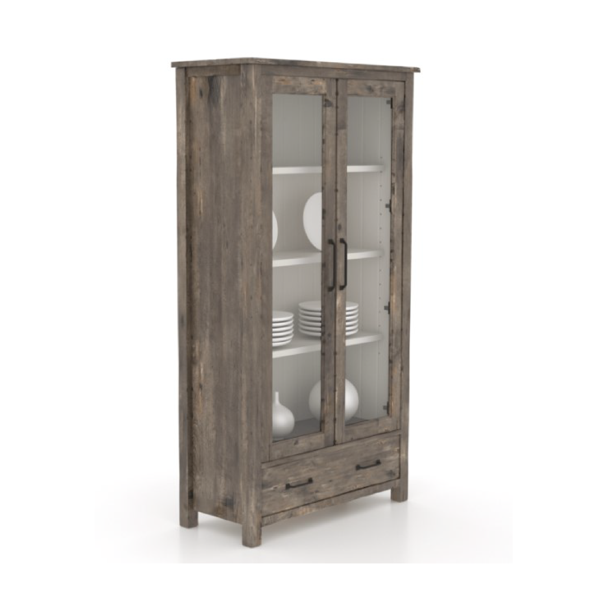 A large glass-fronted buffet cabinet with a rustic finish, featuring three shelves and one drawer, adorned with wood-slat backing and metal handles.