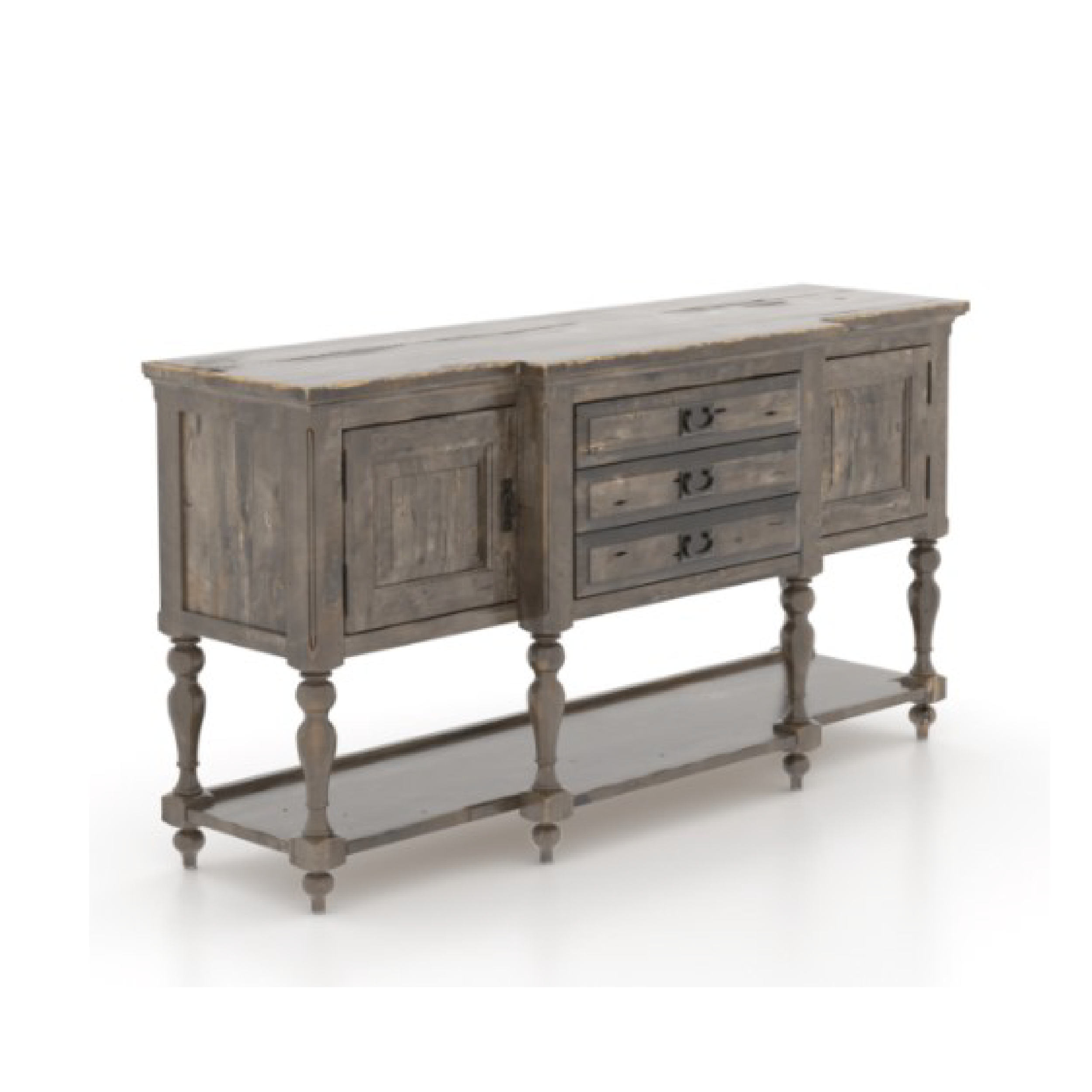 A classic-style buffet with a distressed finish, featuring crafted legs, an open shelf, and three drawers.