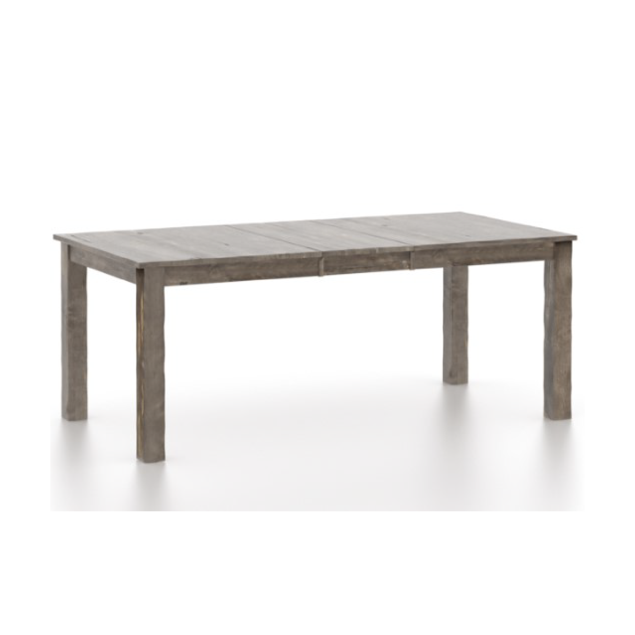A rectangular wood top table with a distressed finish