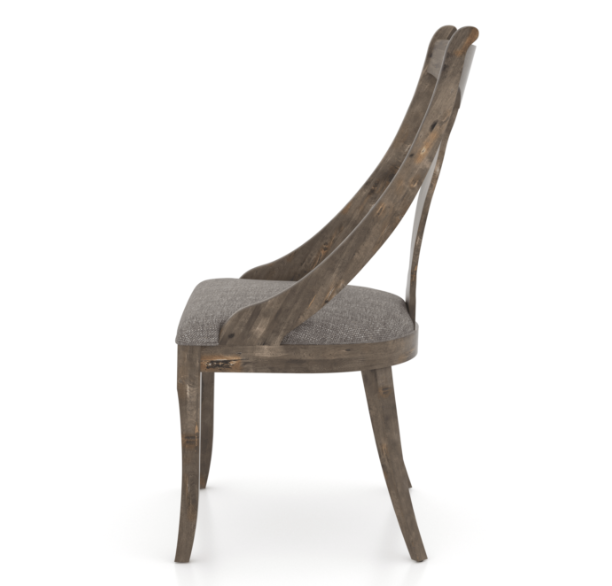 A distressed finish dining chair with a gray fabric seat and backrest, featuring wooden legs with a curved design.