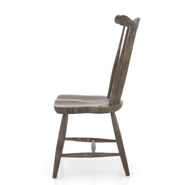 A distressed finish spindle-back wooden dining chair with a seat and backrest.