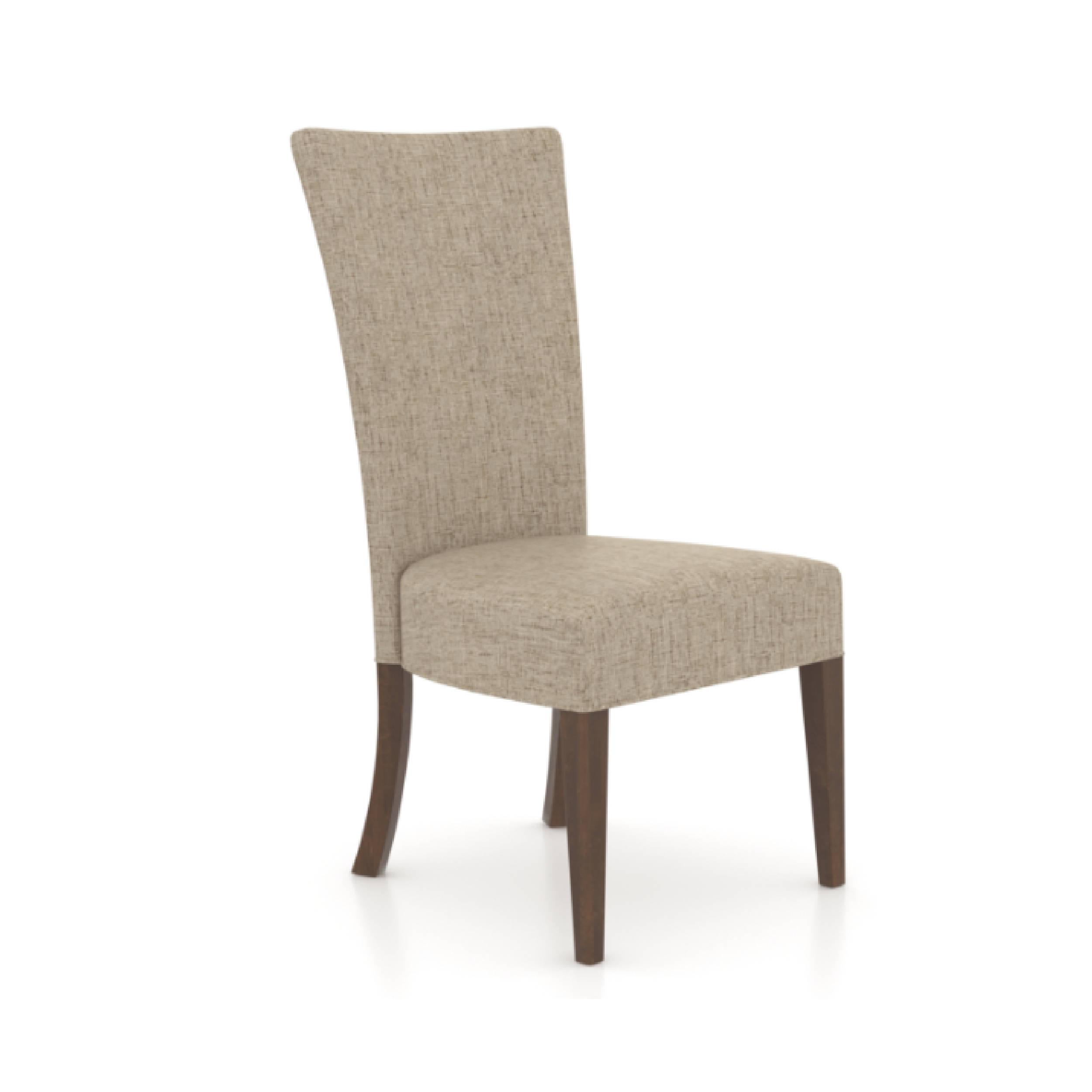 core dining chair in a light beige fabric with dark brown wood legs