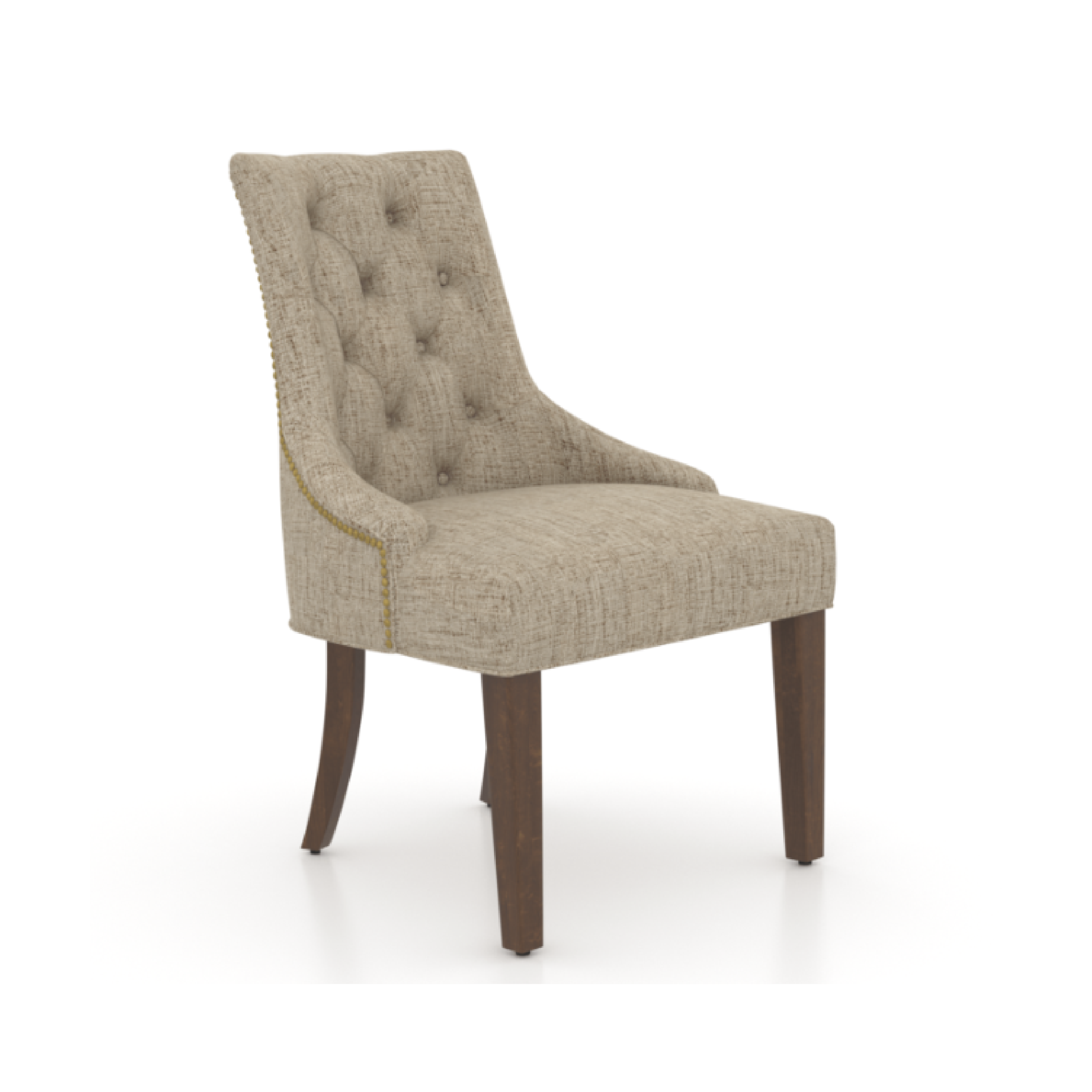A dining chair with a beige fabric seat and a brown wood frame, featuring tufted backrest and armrests with gold accents.