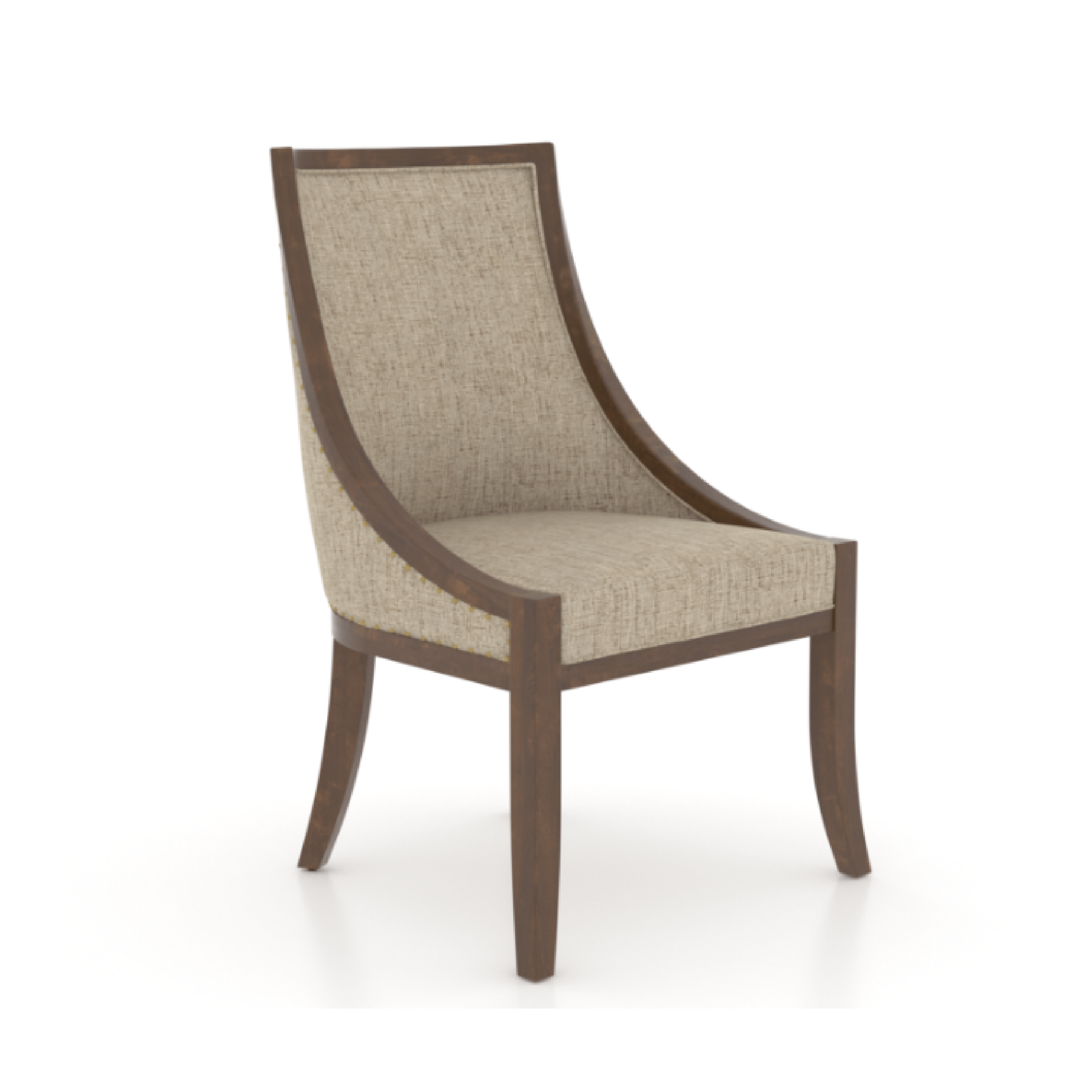 An elegant upholstered dining chair with a matte finish and curved lines, featuring a beige seat and brown wooden legs.