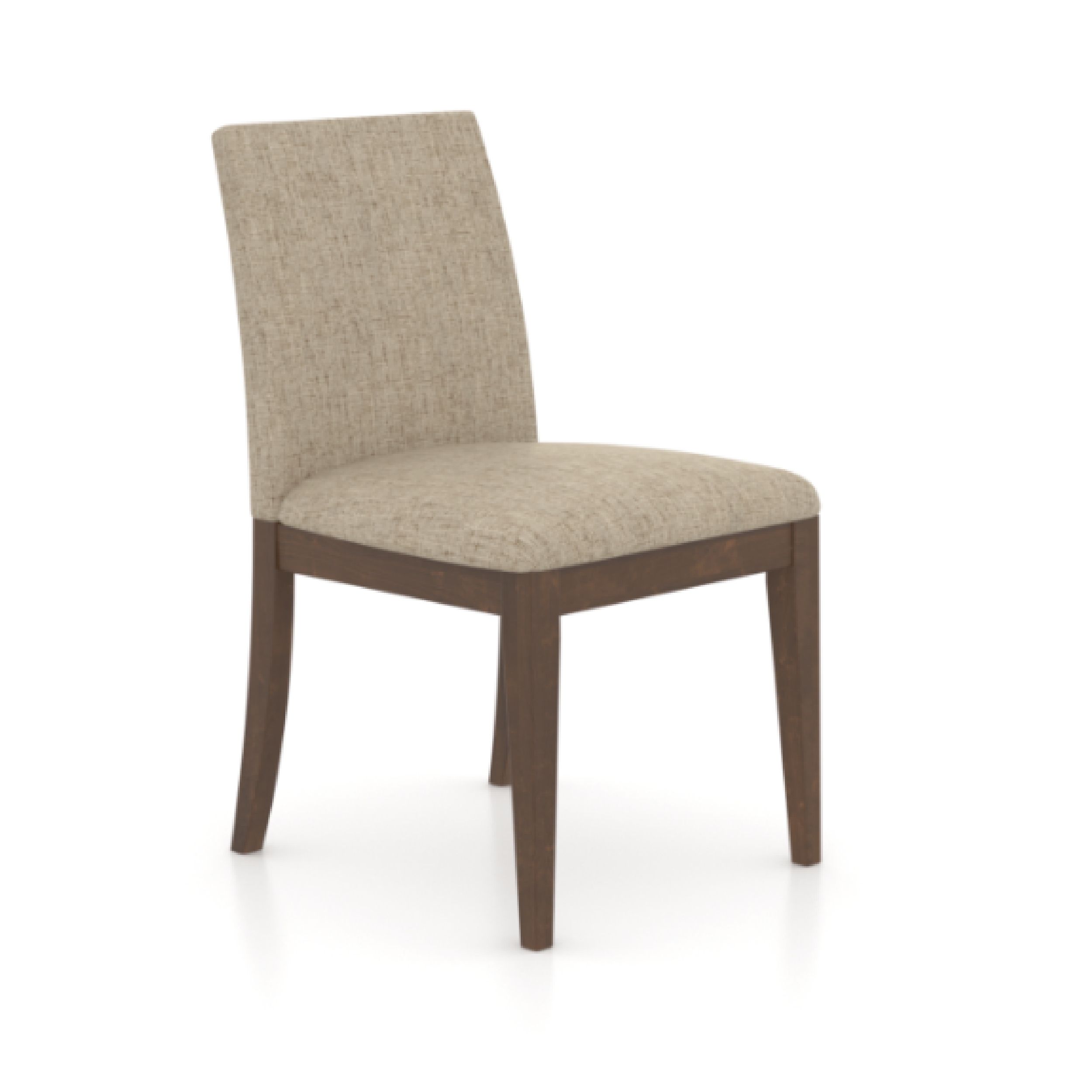 A modern dining chair with a matte finish and upholstered seat and backrest in a beige fabric.