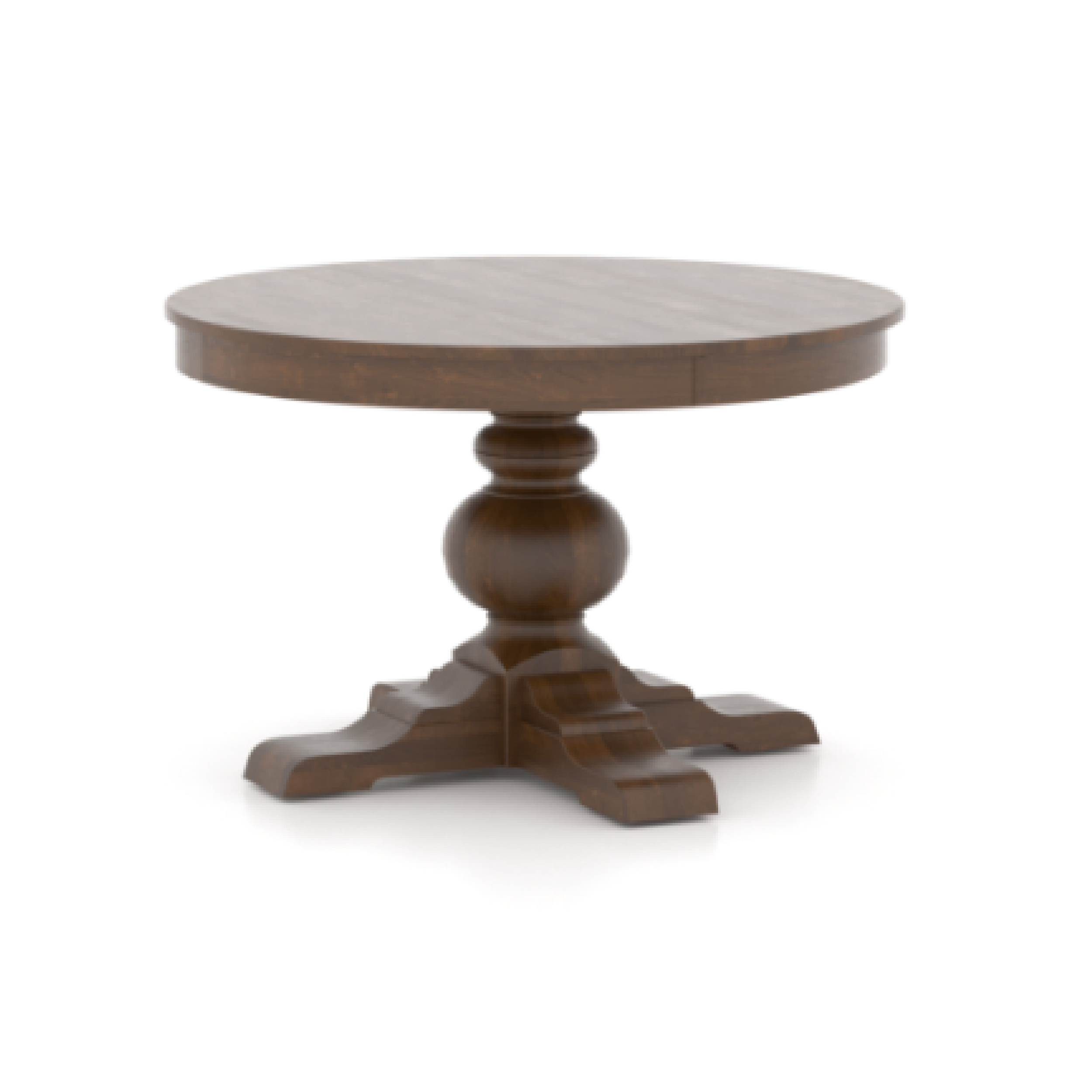 A round wood top table with a matte finish and a carved wooden base with four legs.