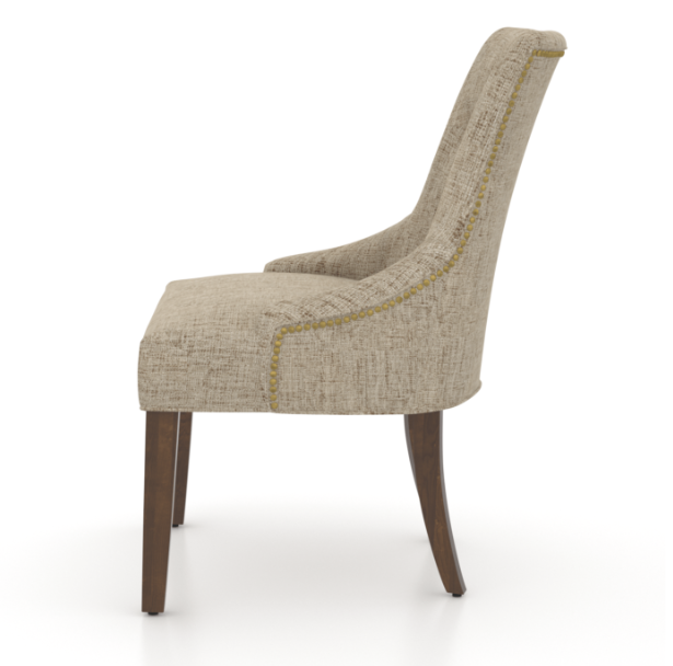 A dining chair with a beige fabric seat and a brown wood frame, featuring tufted backrest and armrests with gold accents.