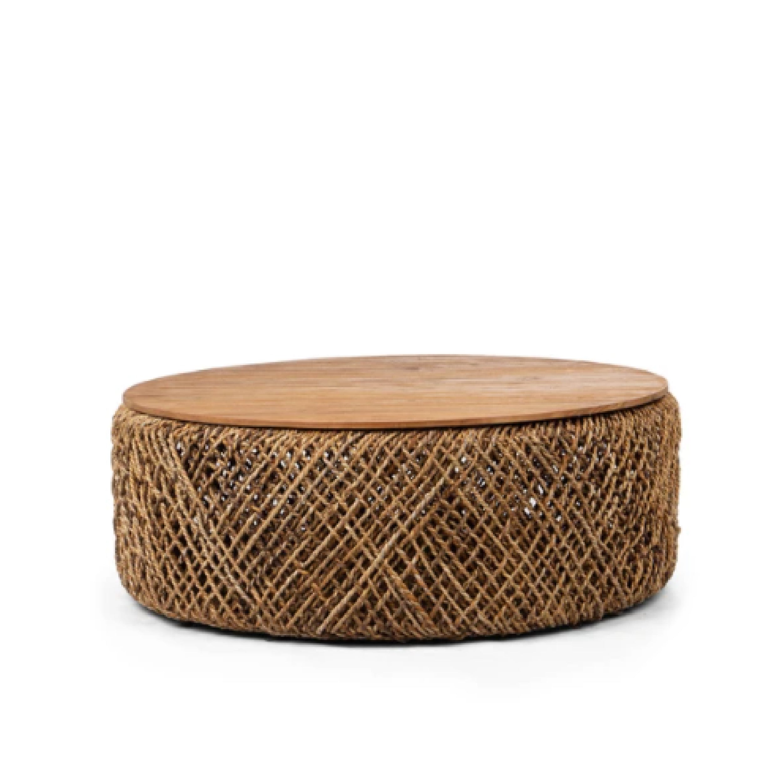 A round, brown knut coffee table with a thatched base and a wooden top.