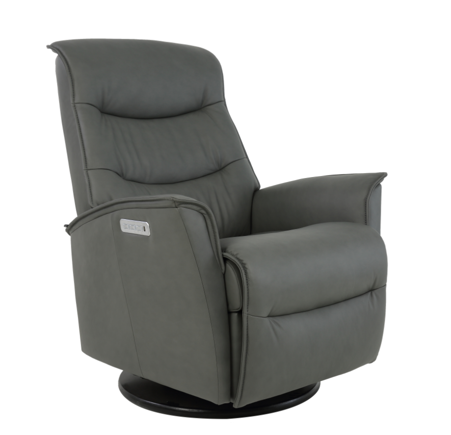 grey leather recliner showing 3 buttons on a black base