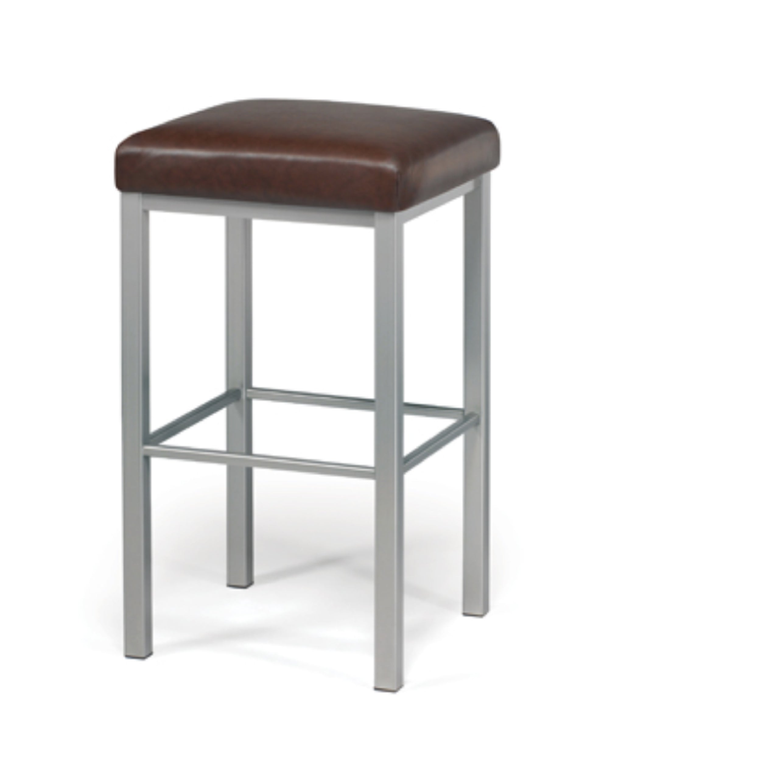 A silver-colored metal bar stool with a brown upholstered seat