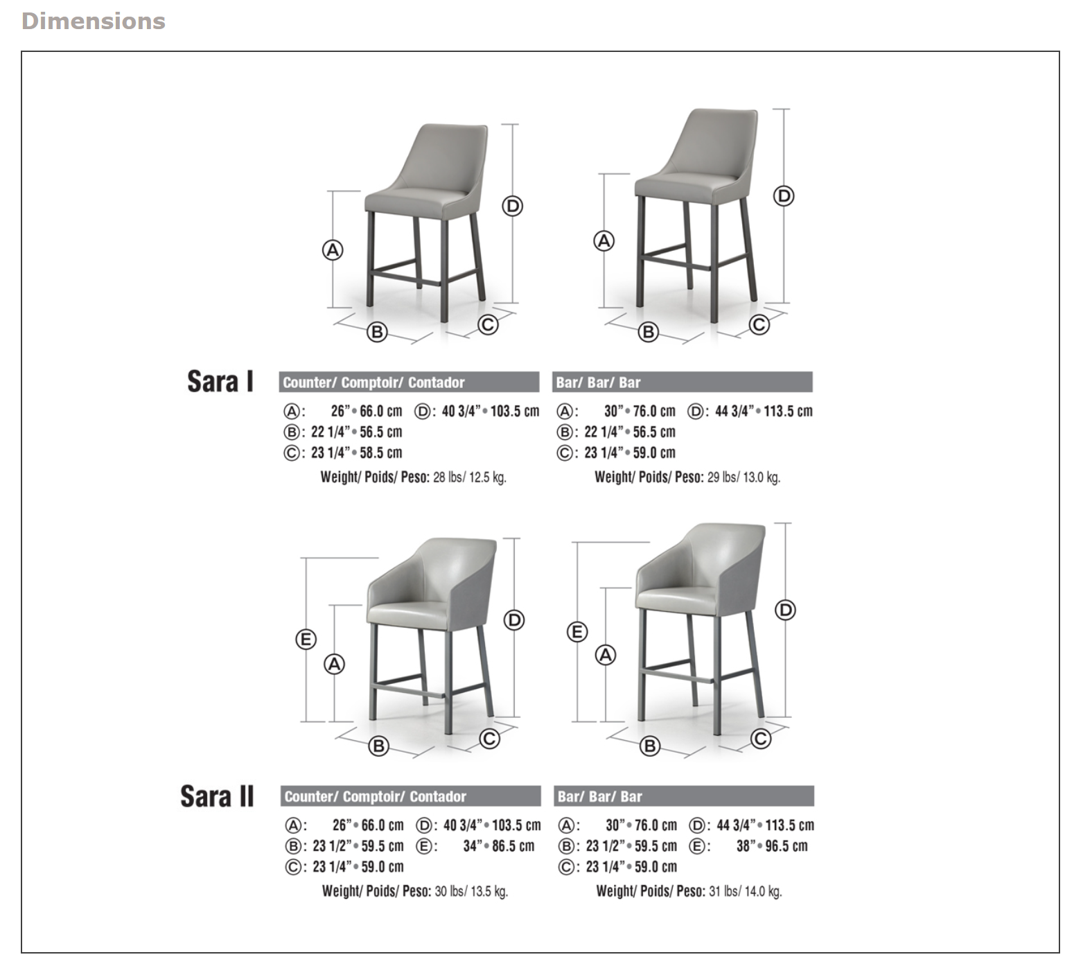 sara dimension sheet showing dimensions and different sizes