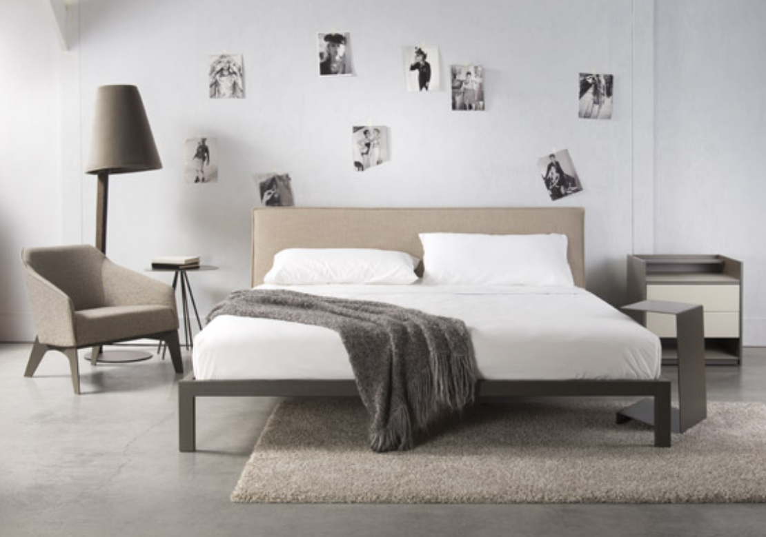A modern platform bed frame with a gray headboard and posture board, set against a white background.