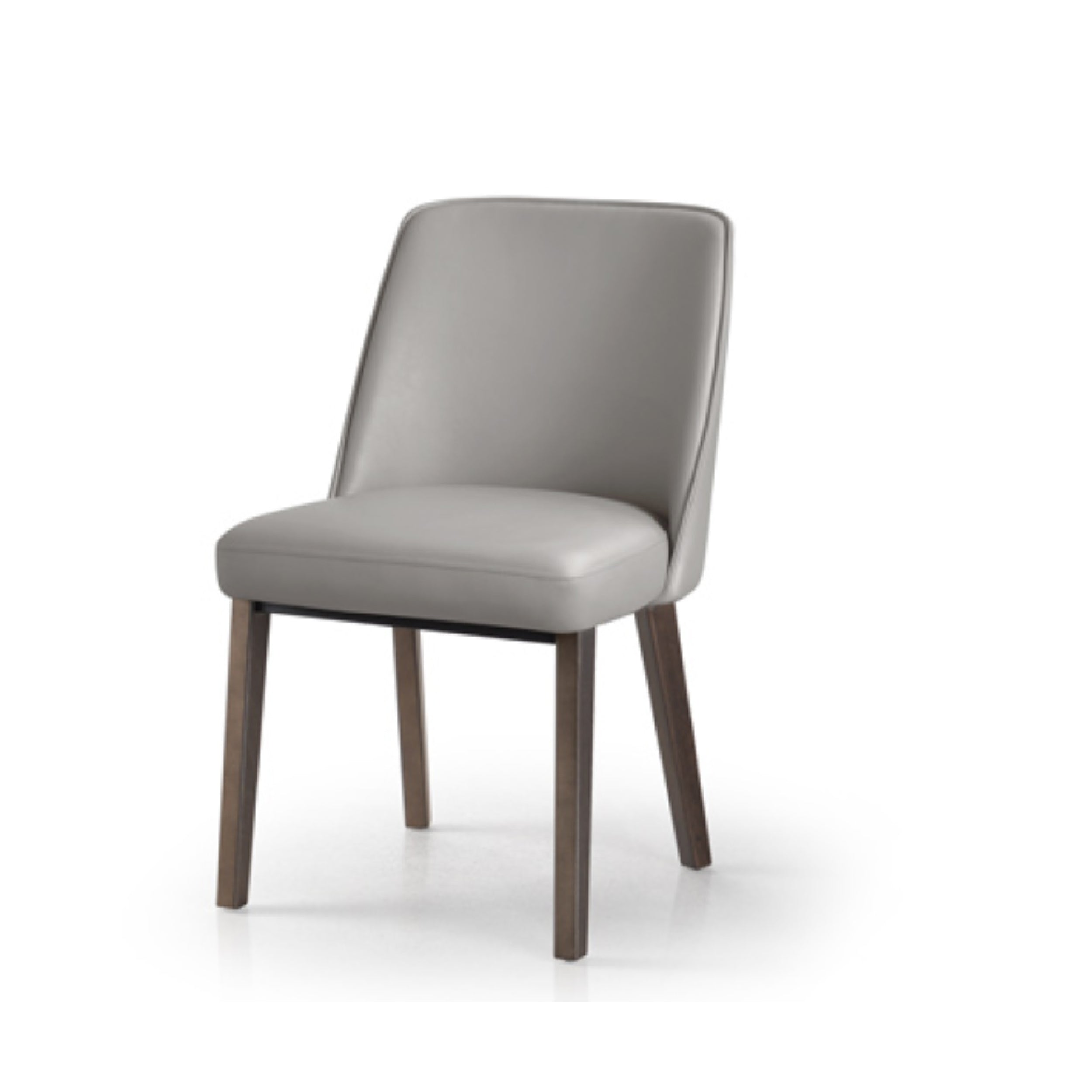 A modern dining chair with a gray upholstered seat and backrest, featuring a metal frame in a brushed steel finish.