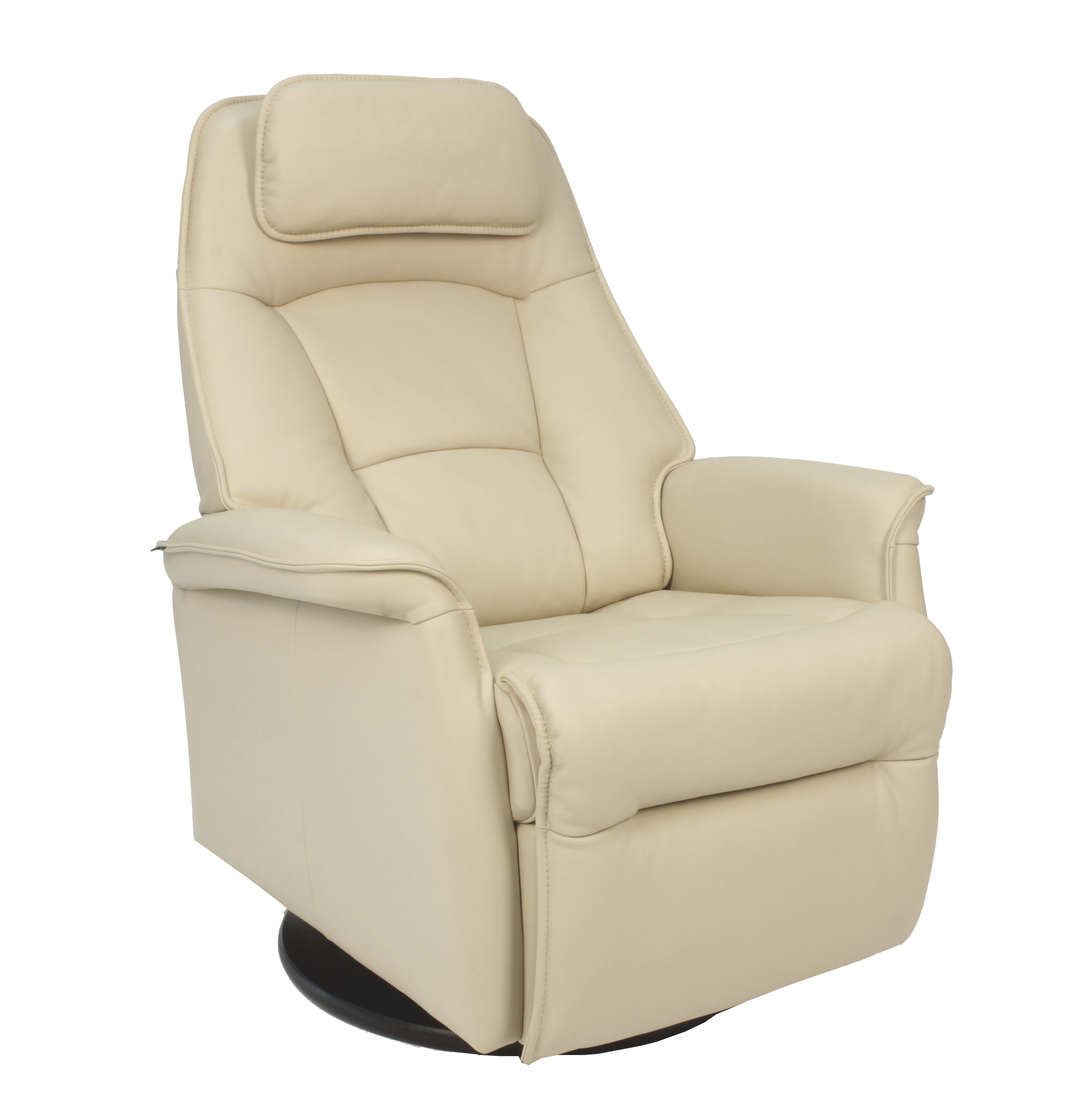 A cream leather Stockholm recliner with an adjustable head pillow and manual release headrest angle.